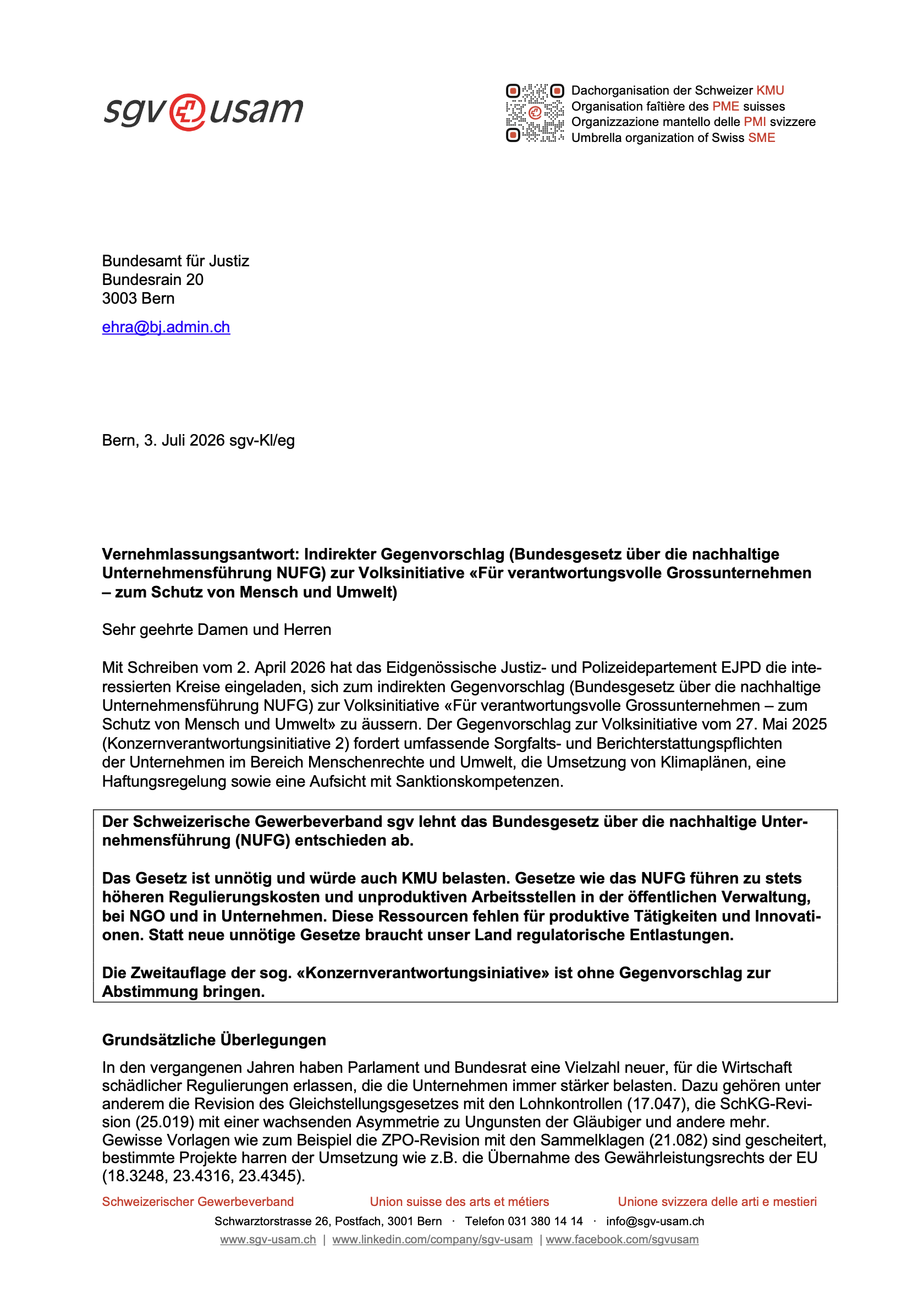 Indirekter Gegenvorschlag (Bundesgesetz nachhaltige Unternehmensführung NUFG) zur Volksinitiative «Für verantwortungsvolle Grossunternehmen – zum Schutz von Mensch und Umwelt)