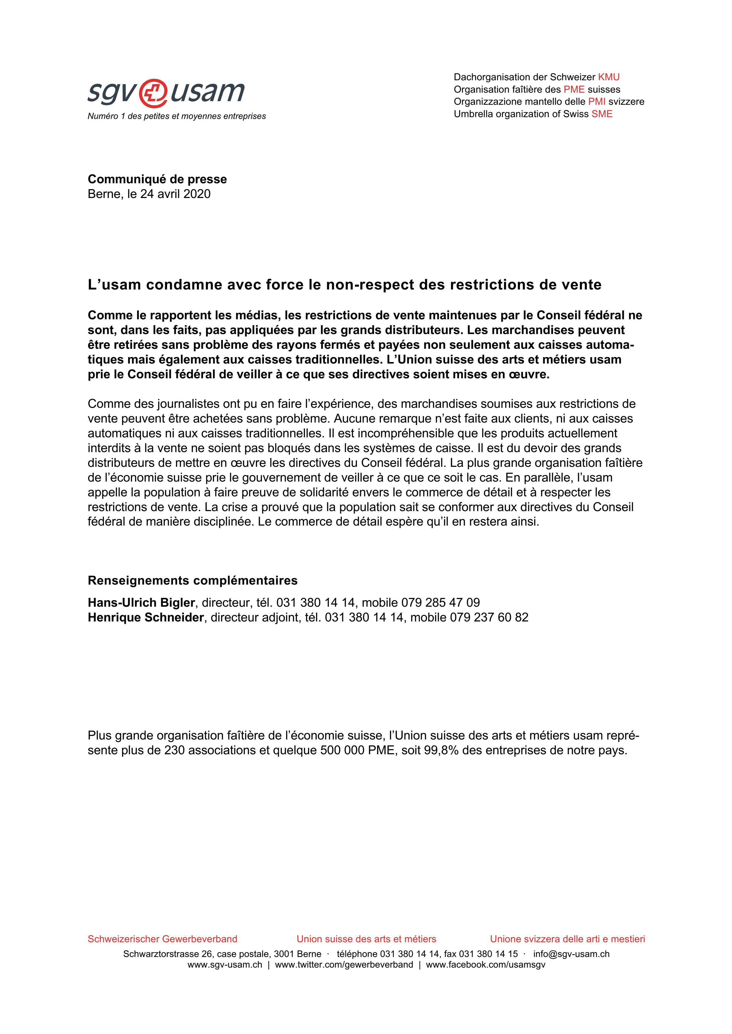 L’usam condamne avec force le non-respect des restrictions de vente