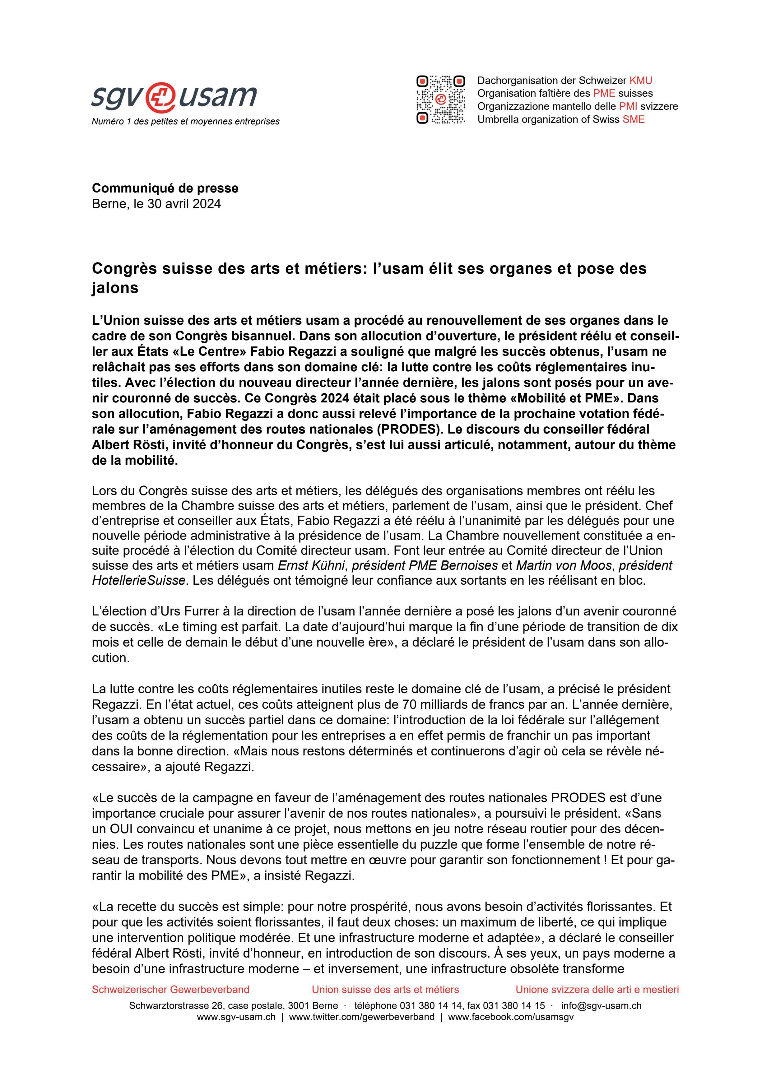 Congrès suisse des arts et métiers: l’usam élit ses organes et pose des jalons