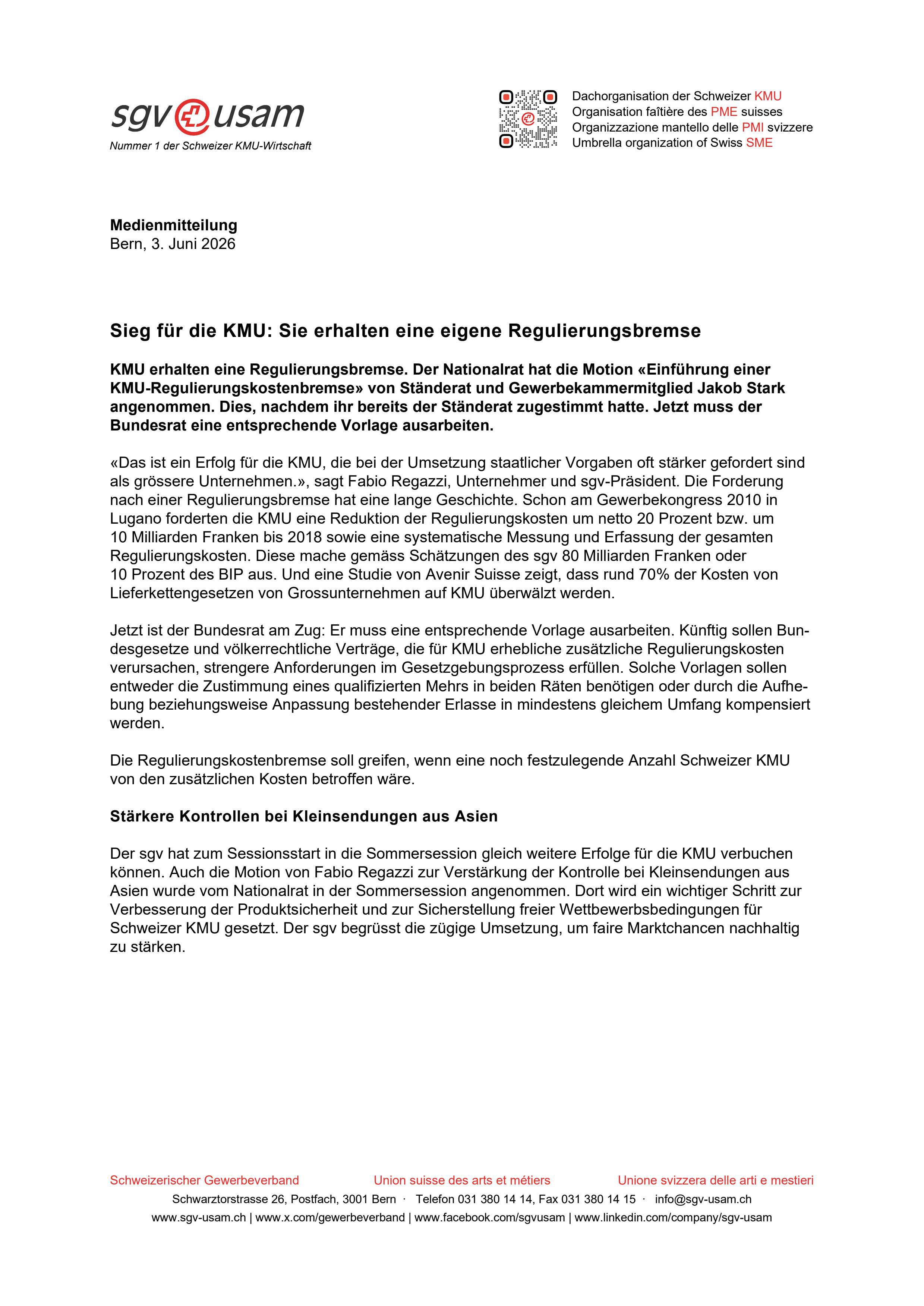 Sieg für die KMU: Sie erhalten eine eigene Regulierungsbremse