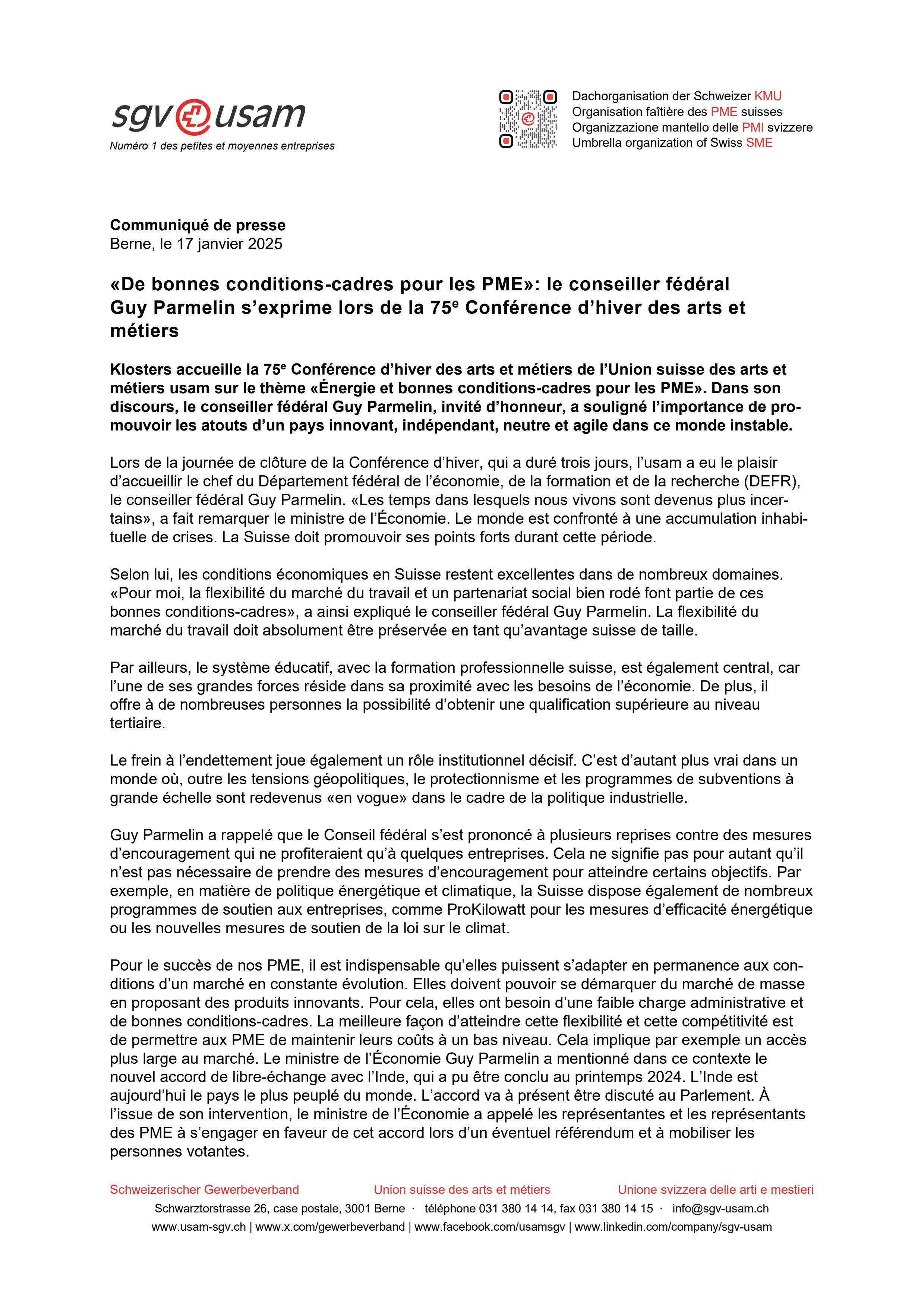 «De bonnes conditions-cadres pour les PME»: le conseiller fédéral Guy Parmelin s’exprime lors de la 75e Conférence d’hiver des arts et métiers