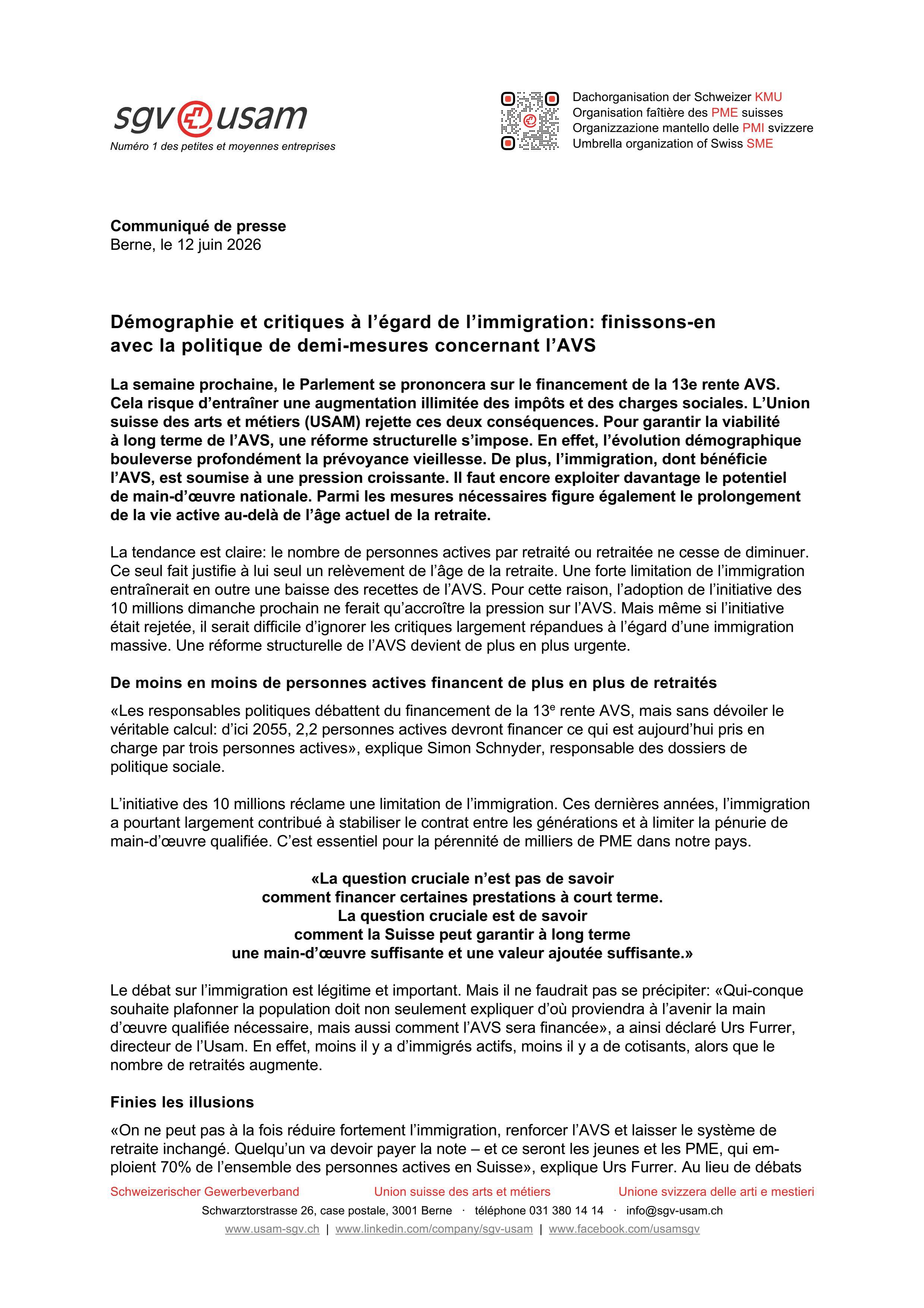Démographie et critiques à l’égard de l’immigration: finissons-en avec la politique de demi-mesures concernant l’AVS