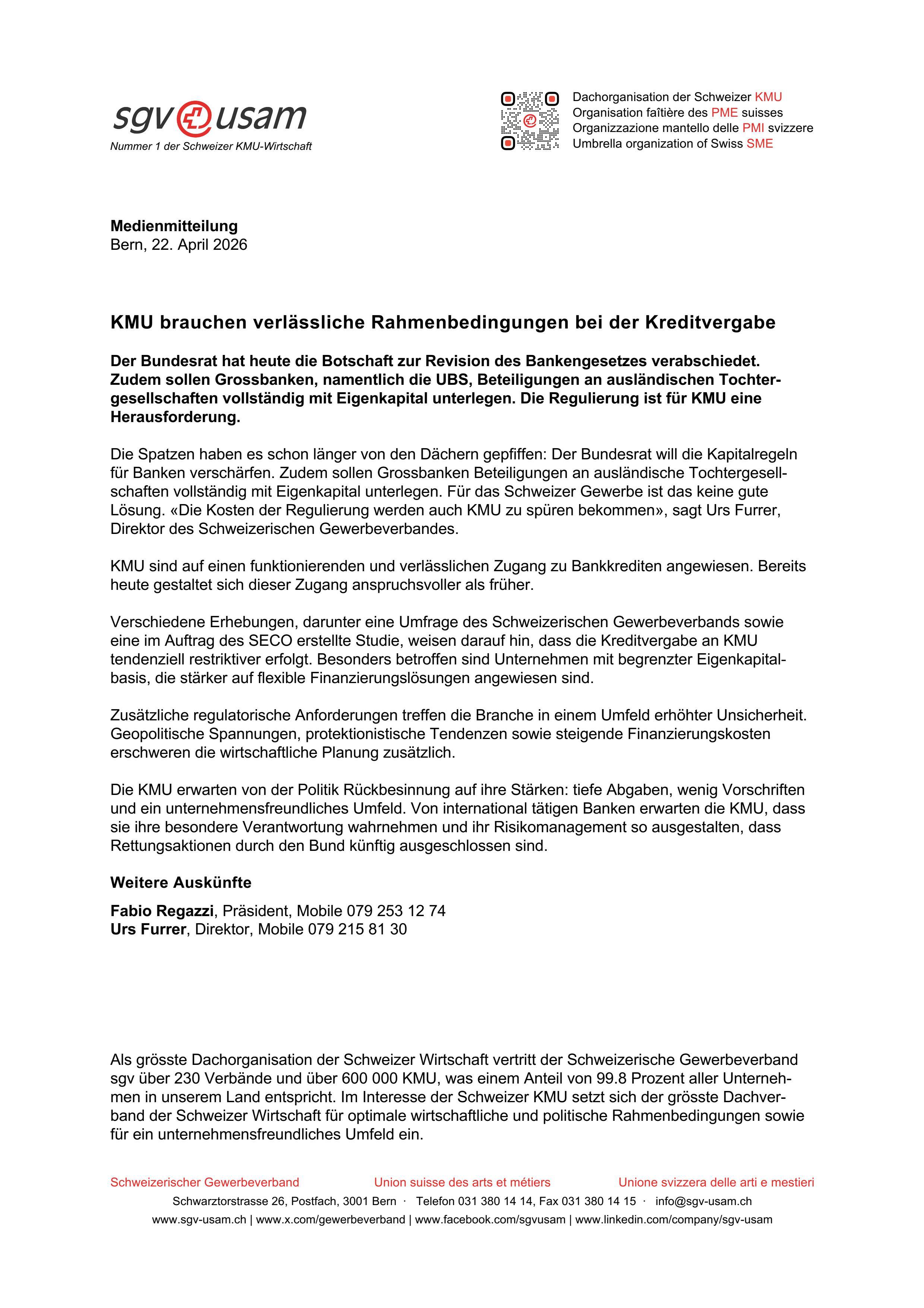 KMU brauchen verlässliche Rahmenbedingungen bei der Kreditvergabe