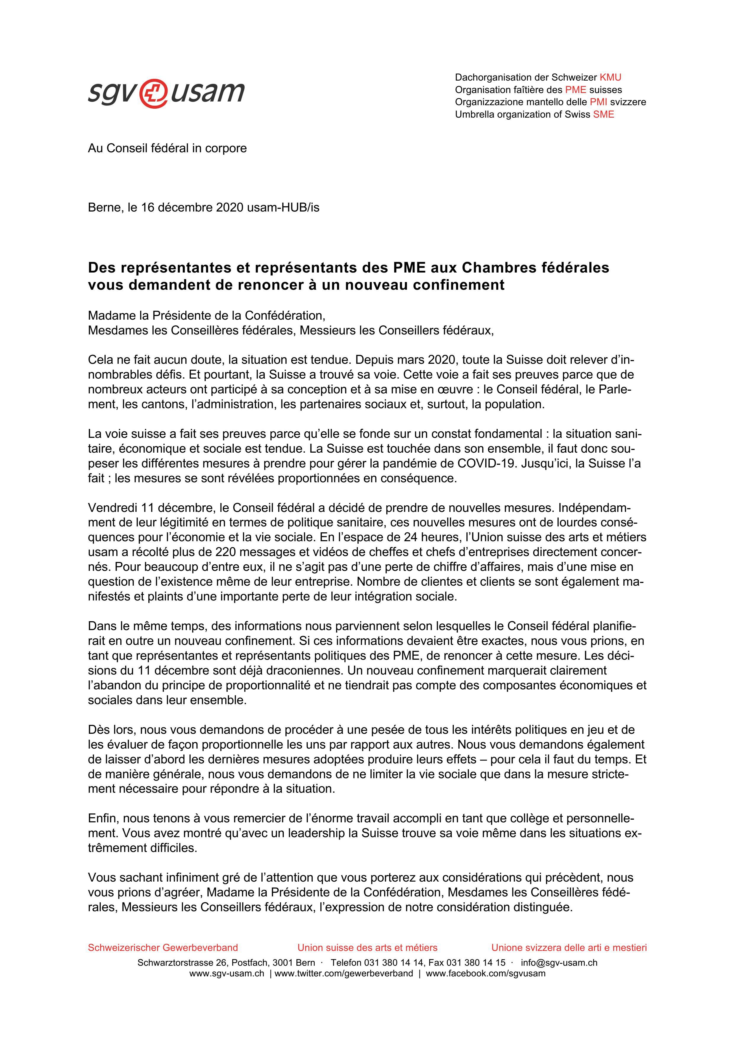 Renoncer à un nouveau confinement: Lettre adressée à l’ensemble du Conseil fédéral