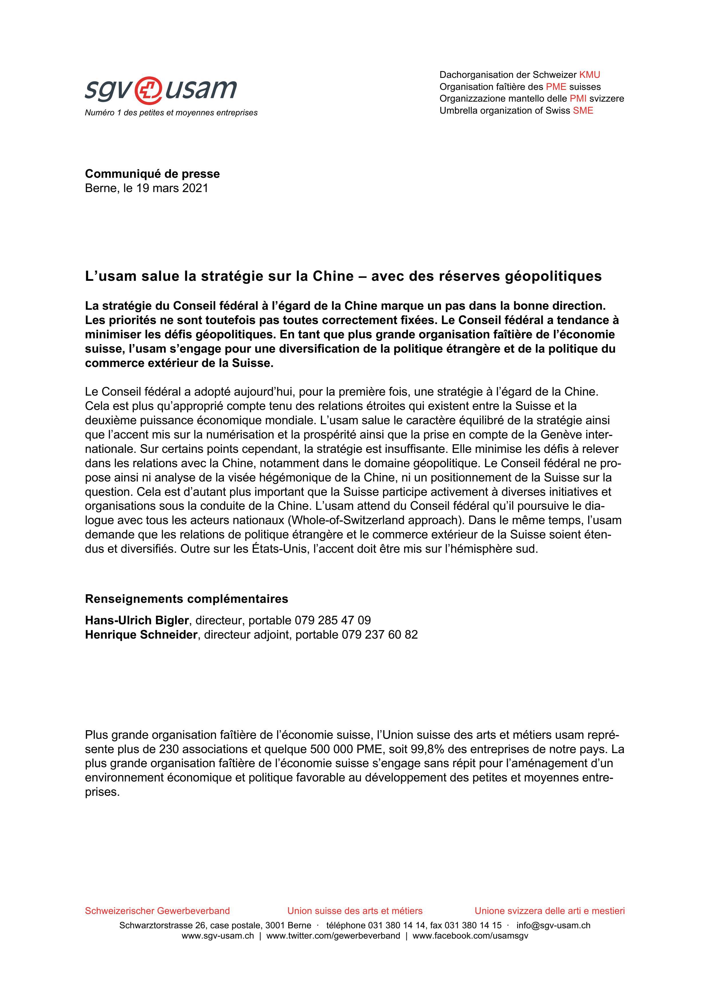 L’usam salue la stratégie sur la Chine – avec des réserves géopolitiques