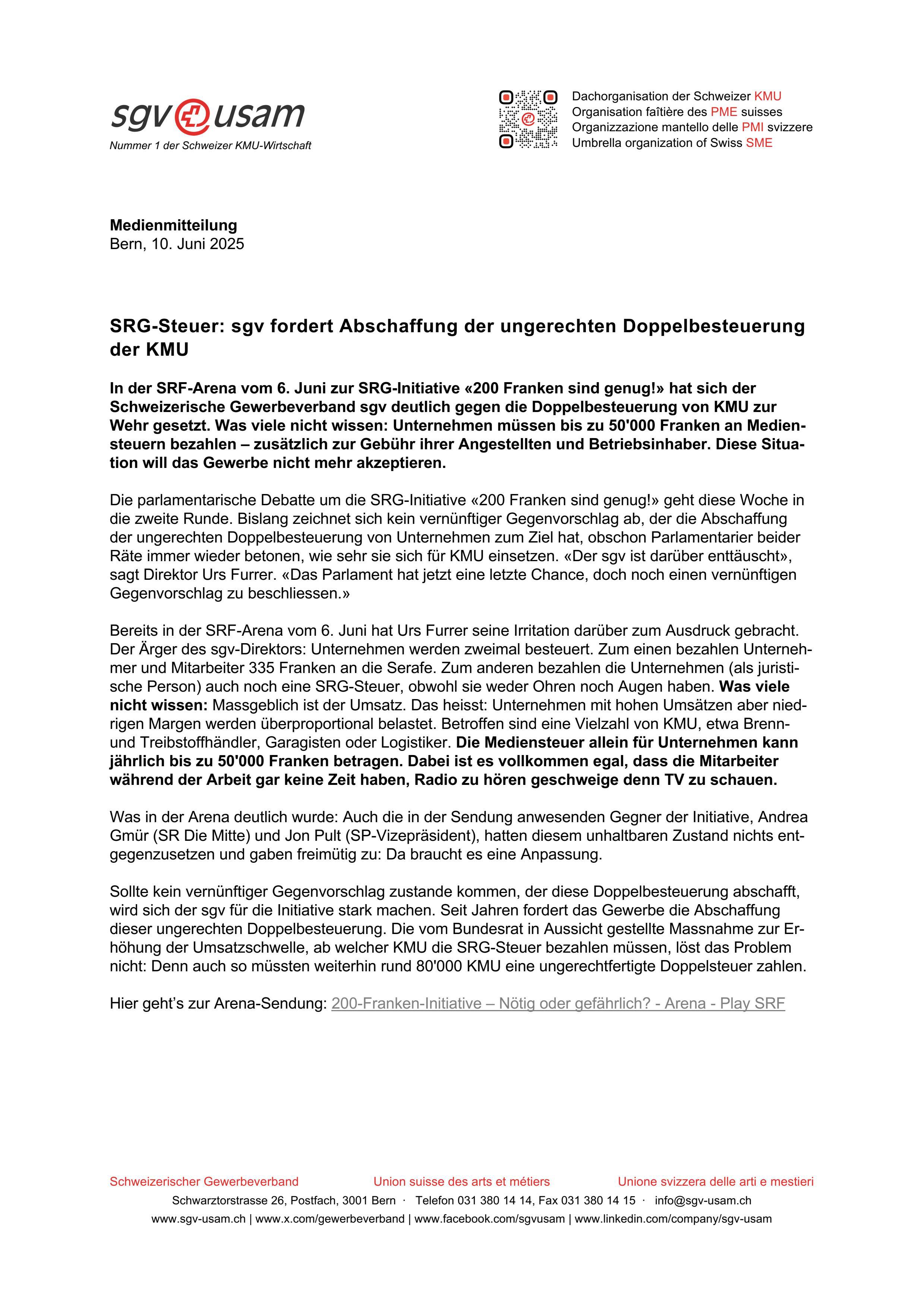 SRG-Steuer: sgv fordert Abschaffung der ungerechten Doppelbesteuerung der KMU