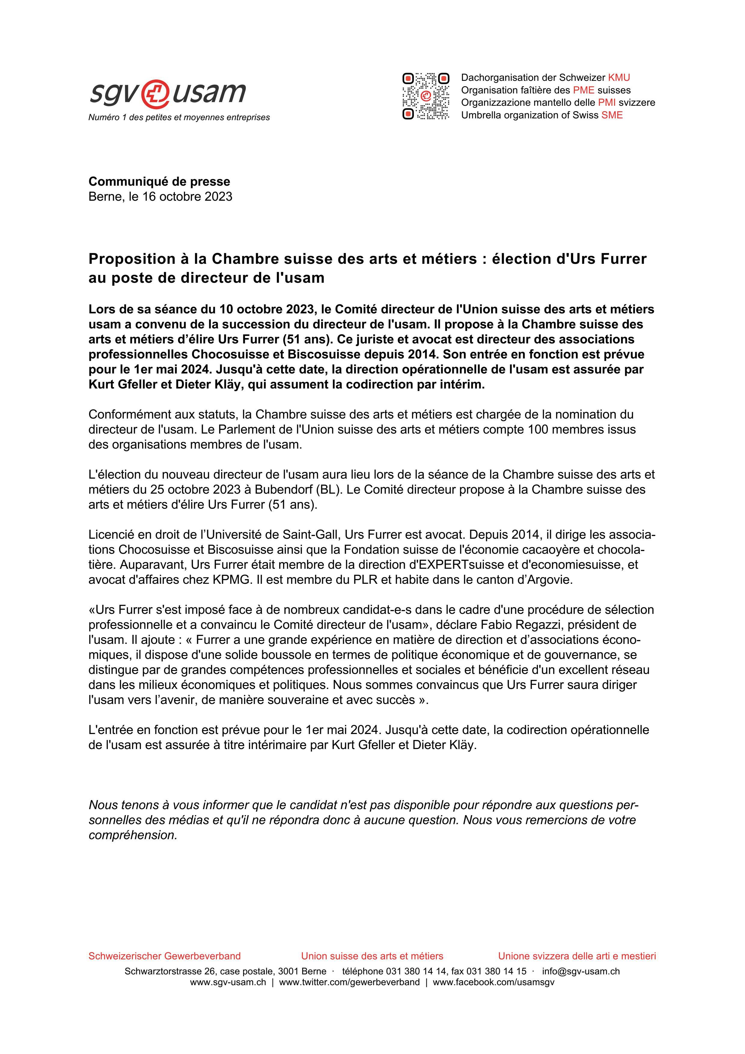Proposition à la Chambre suisse des arts et métiers : élection d'Urs Furrer au poste de directeur de l'usam