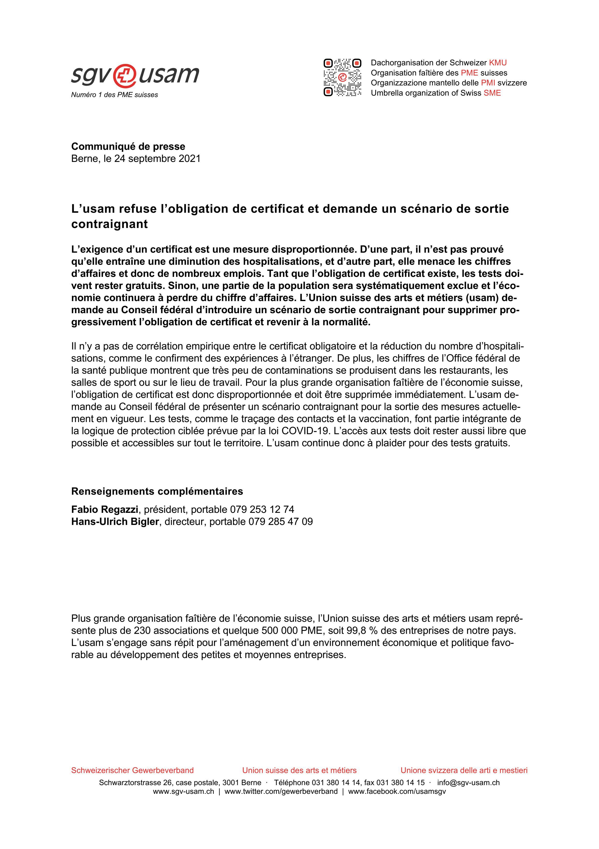 L’usam refuse l’obligation de certificat et demande un scénario de sortie contraignant