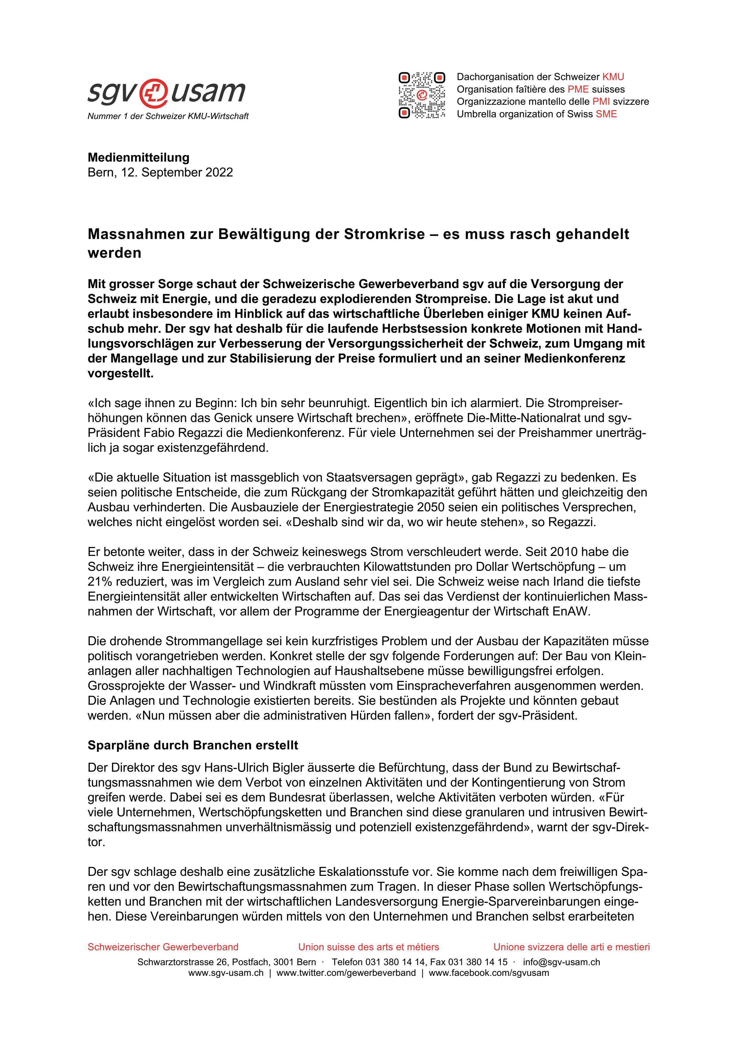 Massnahmen zur Bewältigung der Stromkrise – es muss rasch gehandelt werden