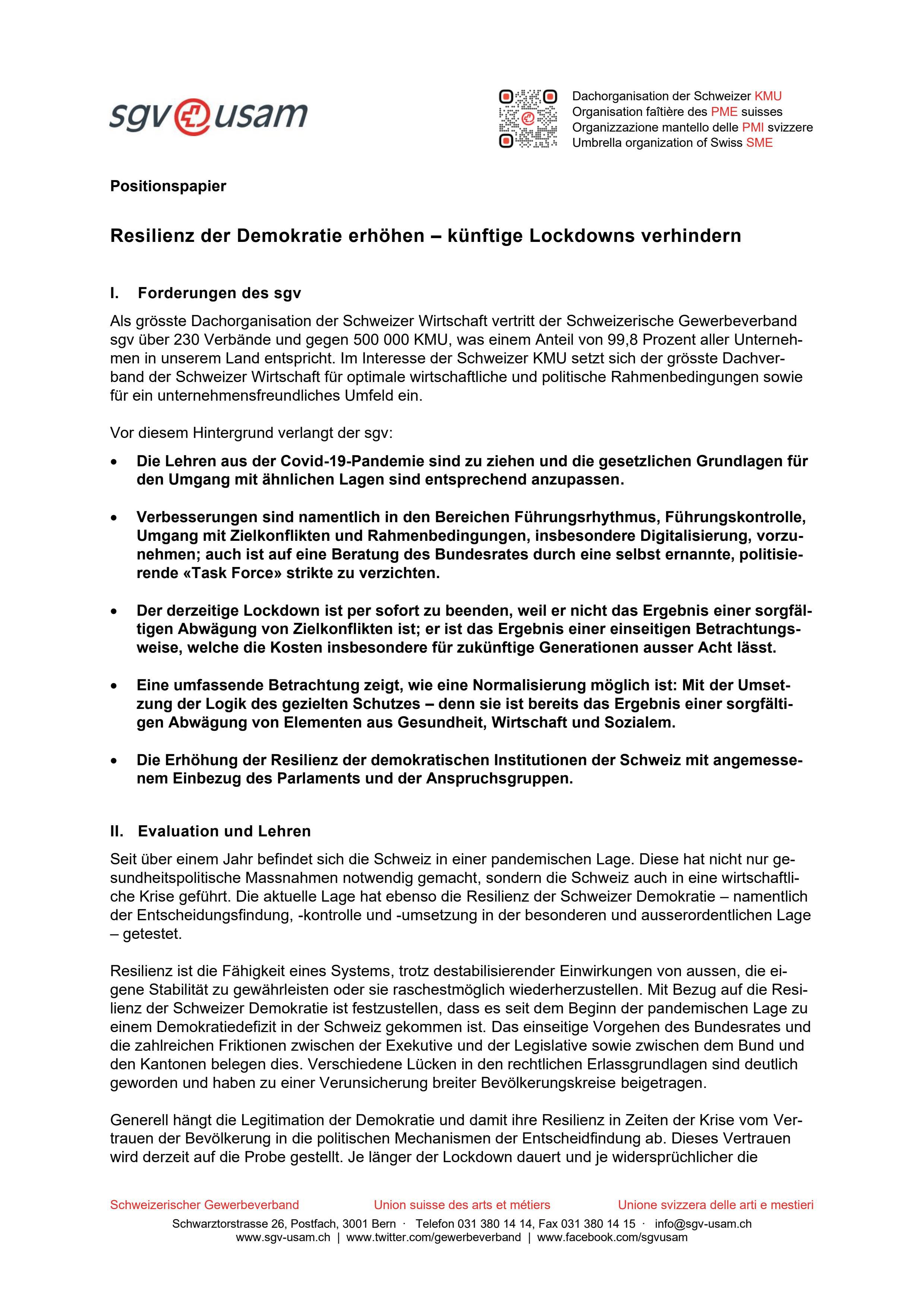  Positionspapier «Resilienz der Demokratie erhöhen – künftige Lockdowns verhindern»