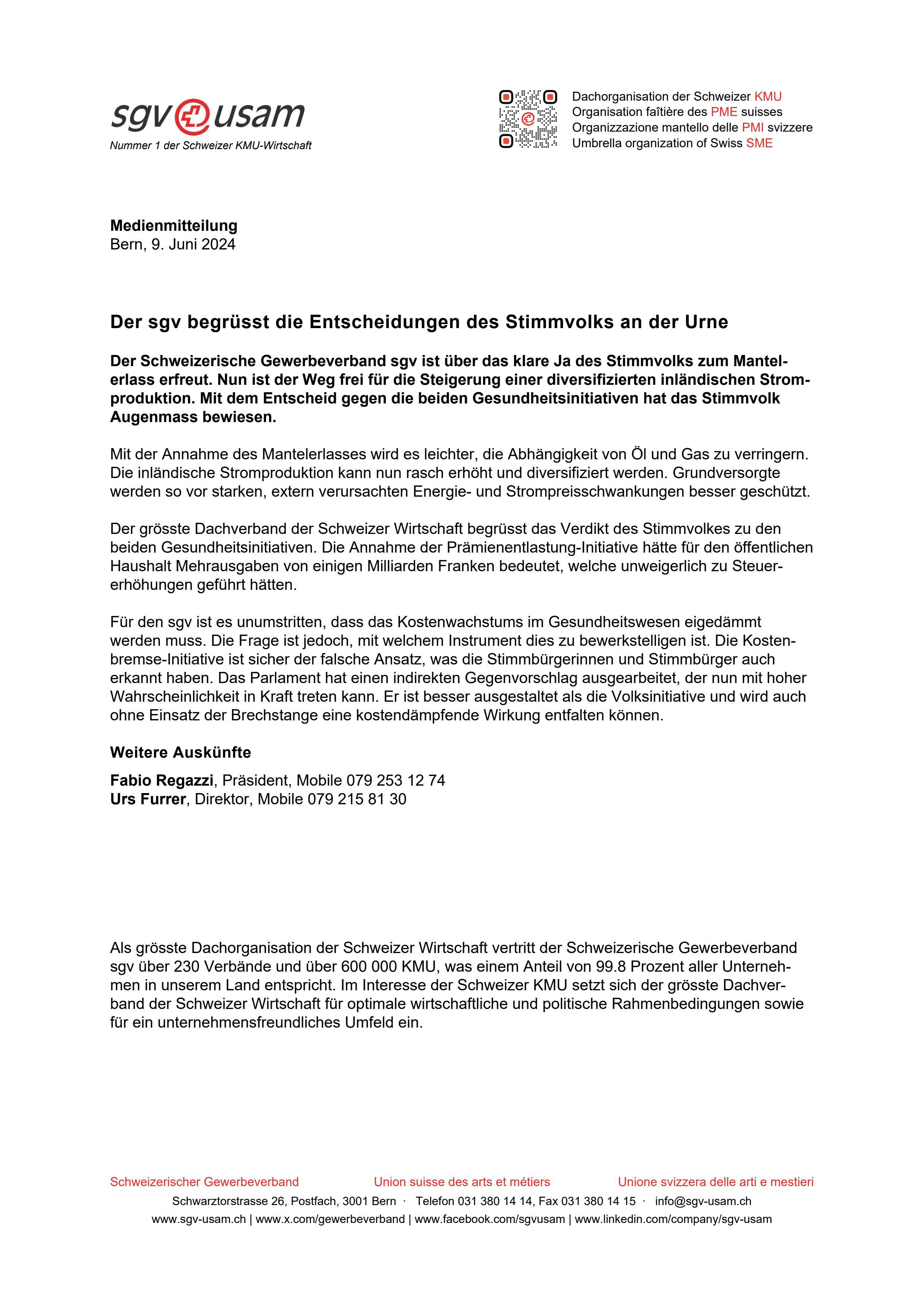 Der sgv begrüsst die Entscheidungen des Stimmvolks an der Urne