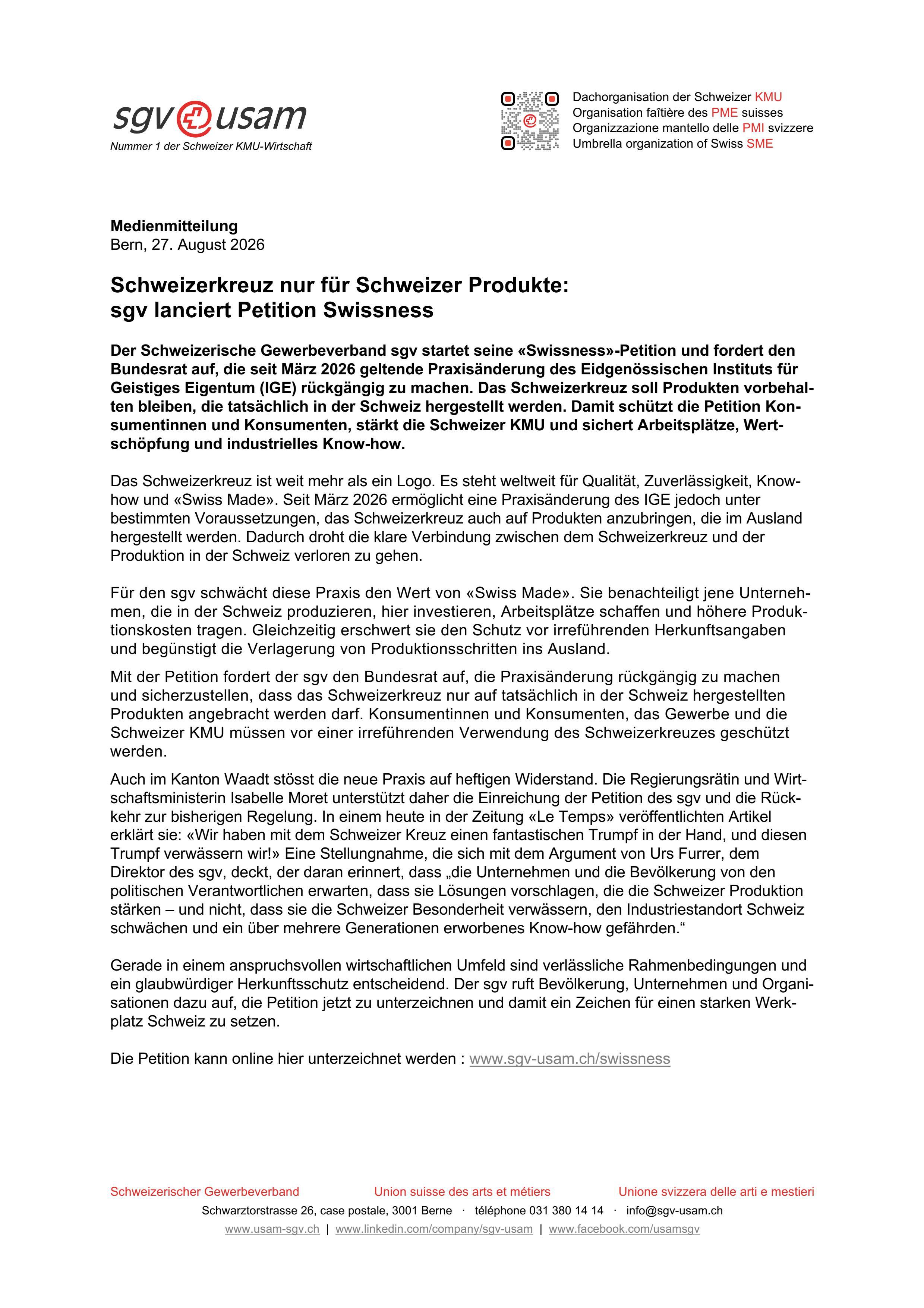 Schweizerkreuz nur für Schweizer Produkte: sgv lanciert Petition Swissness