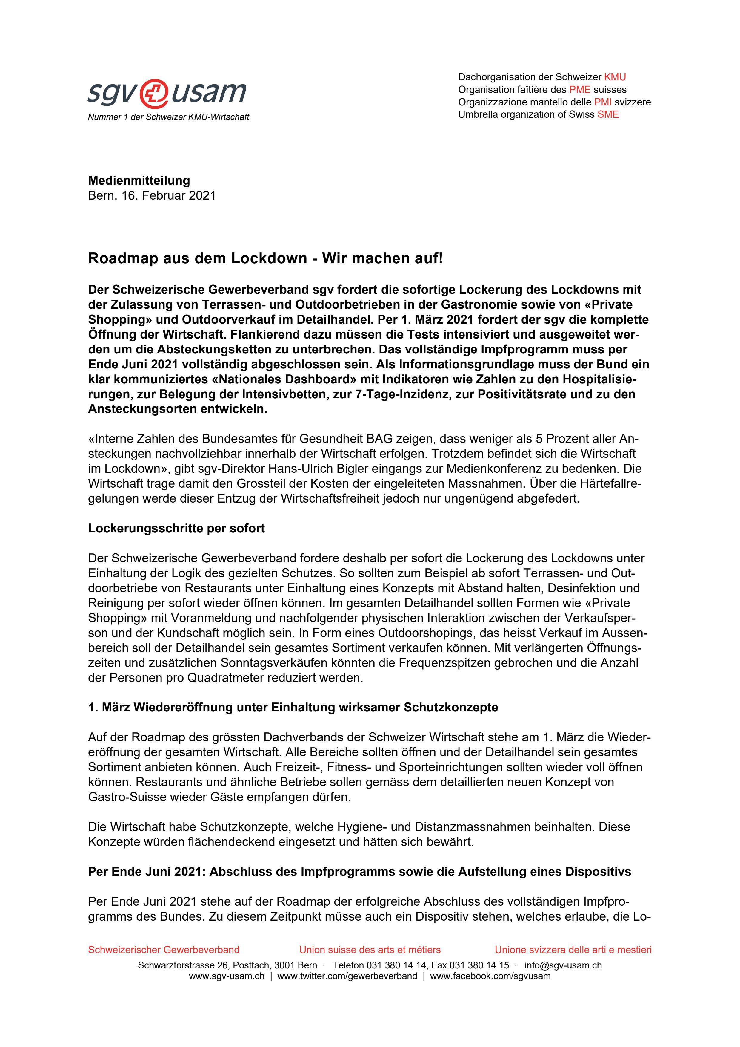 Mappe zur Medienkonferenz «Roadmap aus dem Lockdown - Wir machen auf!»