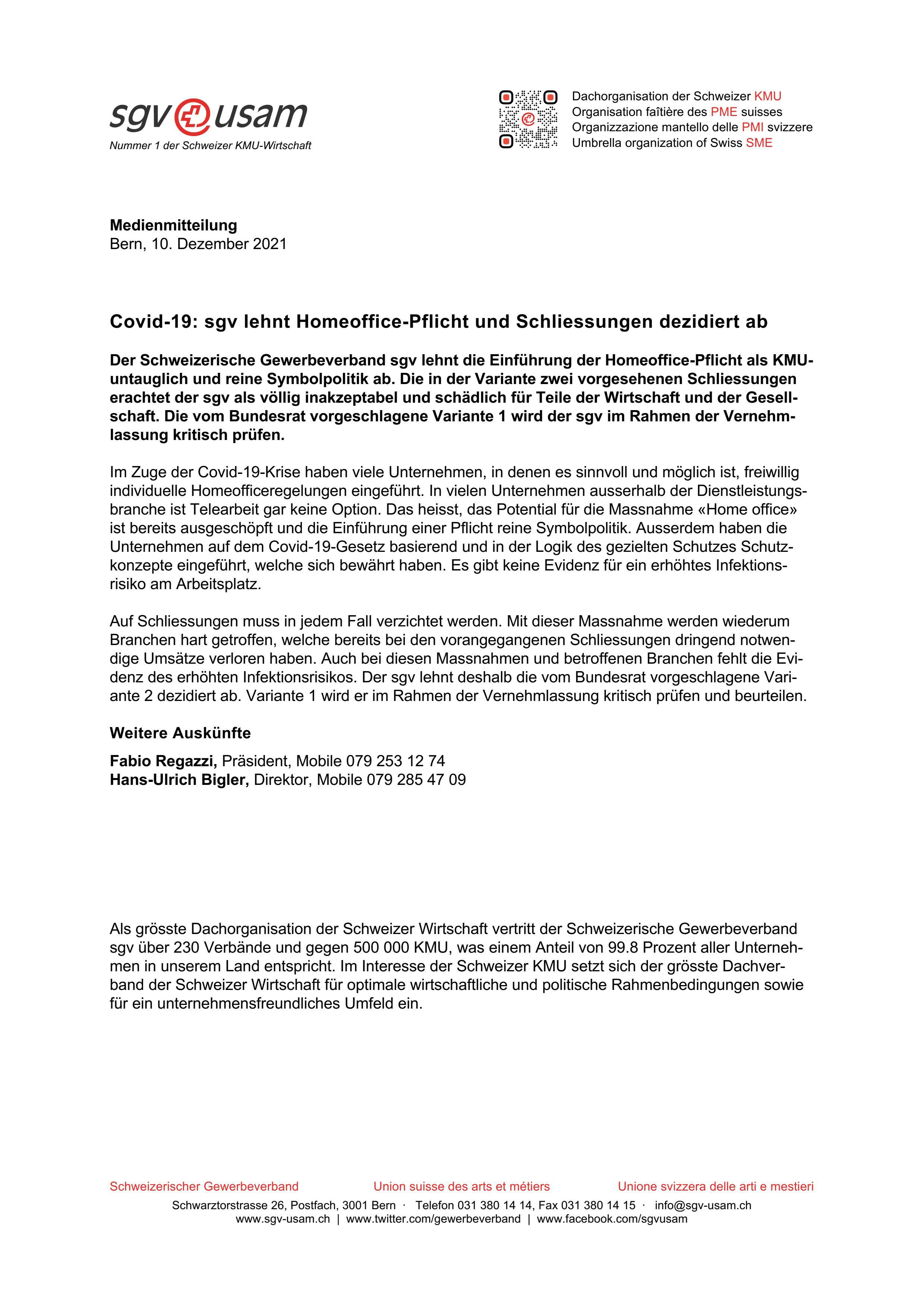 Covid-19: sgv lehnt Homeoffice-Pflicht und Schliessungen dezidiert ab