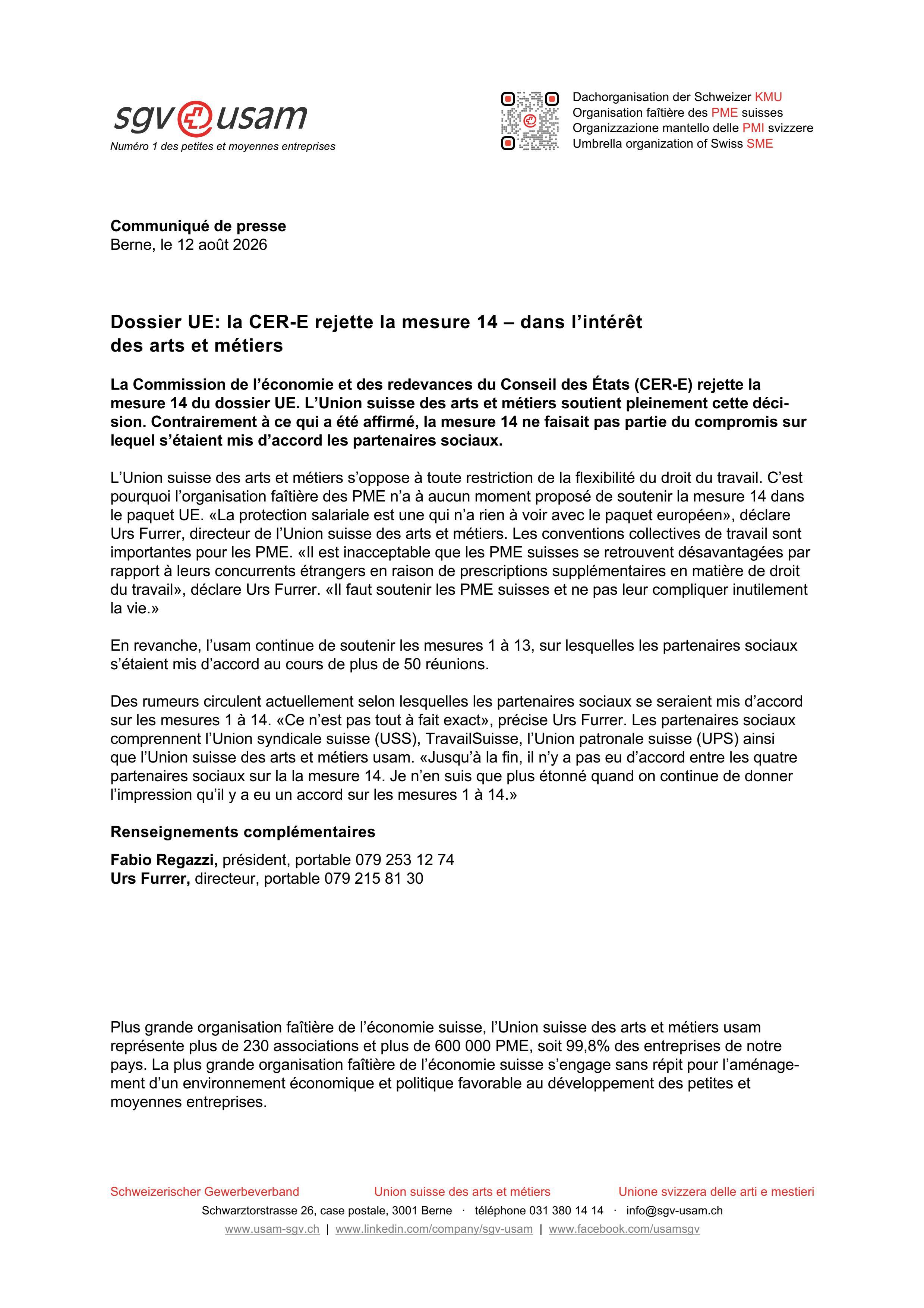Dossier UE: la CER-E rejette la mesure 14 – dans l’intérêt des arts et métiers