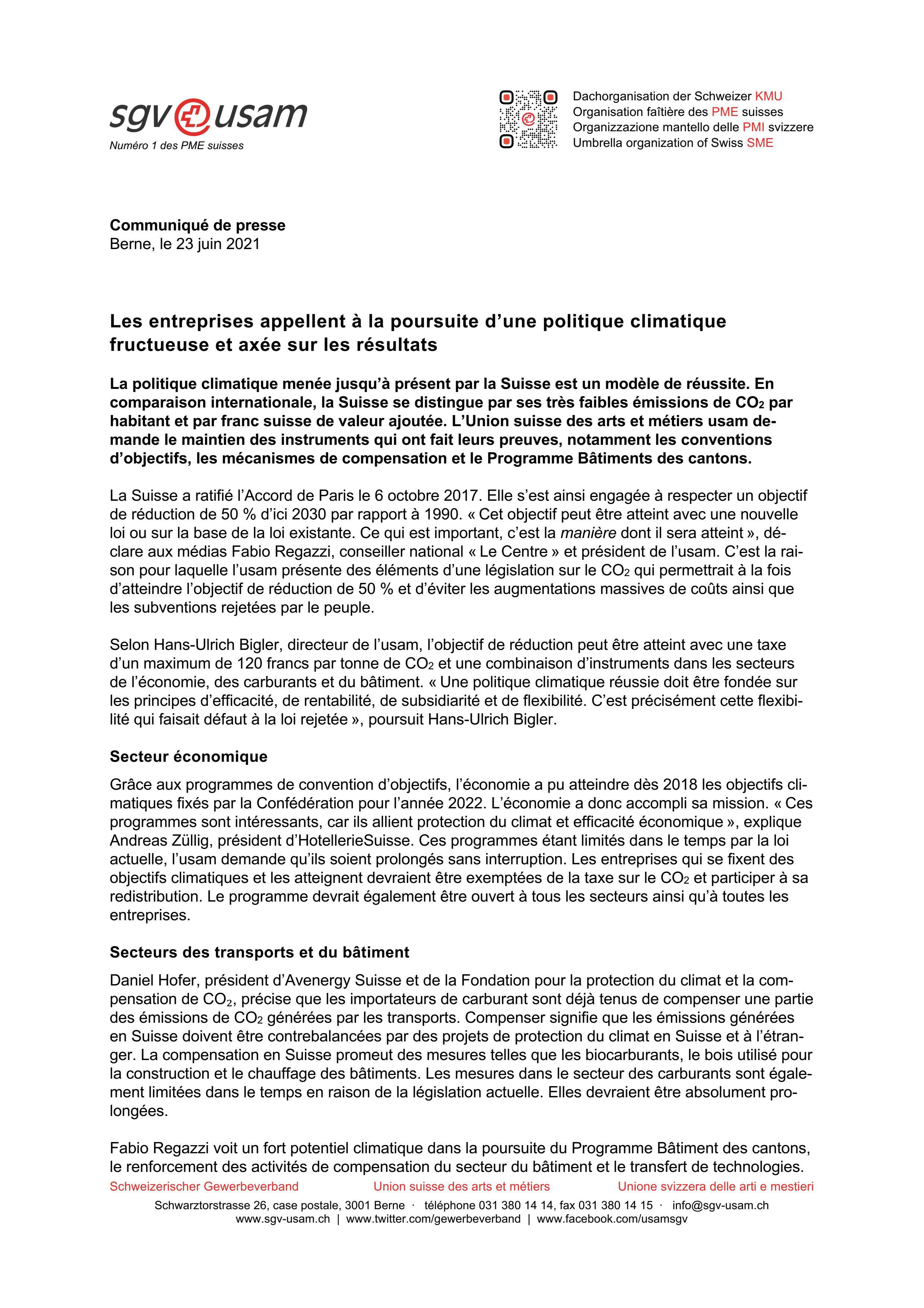 Les entreprises appellent à la poursuite d’une politique climatique fructueuse et axée sur les résultats
