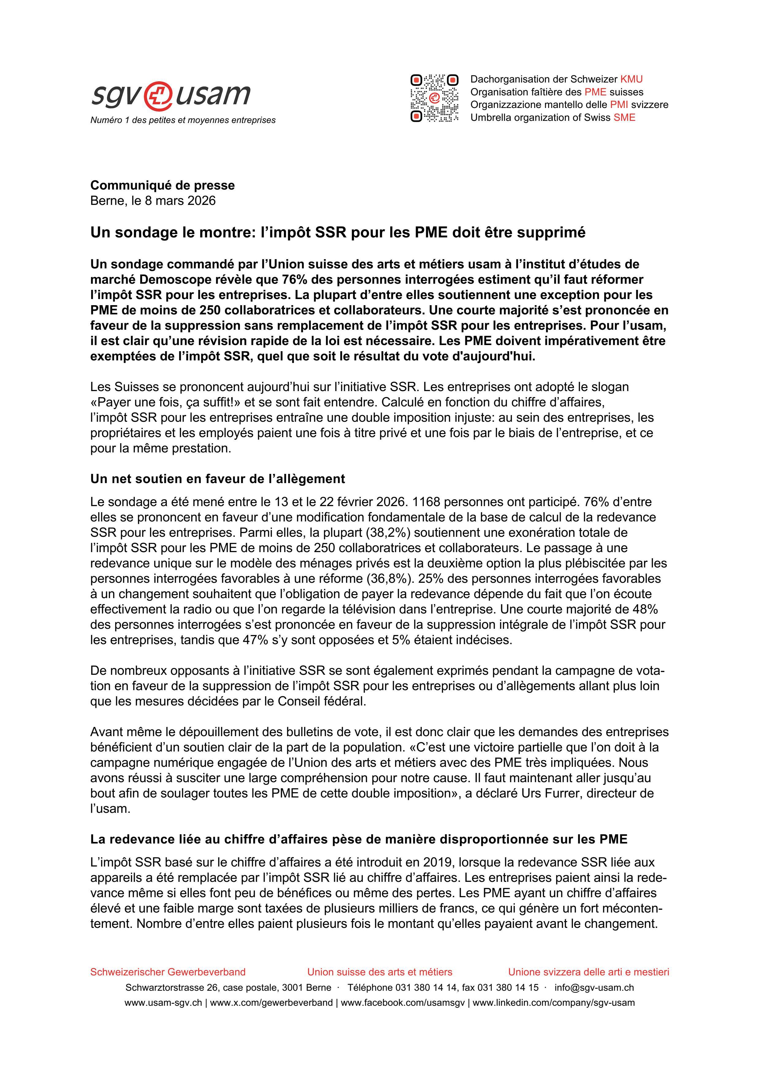 Un sondage le montre: l’impôt SSR pour les PME doit être supprimé