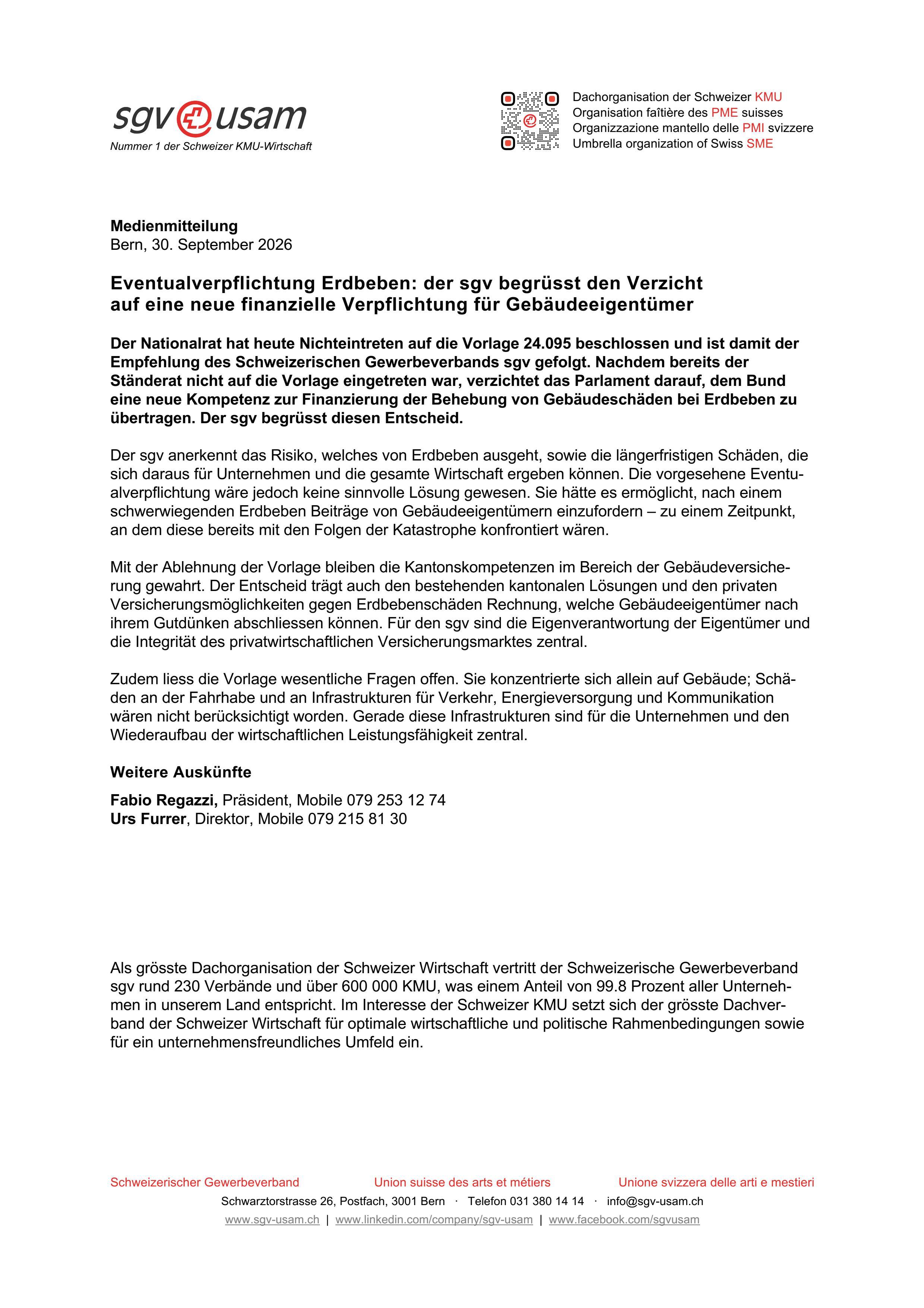 Eventualverpflichtung Erdbeben: der sgv begrüsst den Verzicht auf eine neue finanzielle Verpflichtung für Gebäudeeigentümer