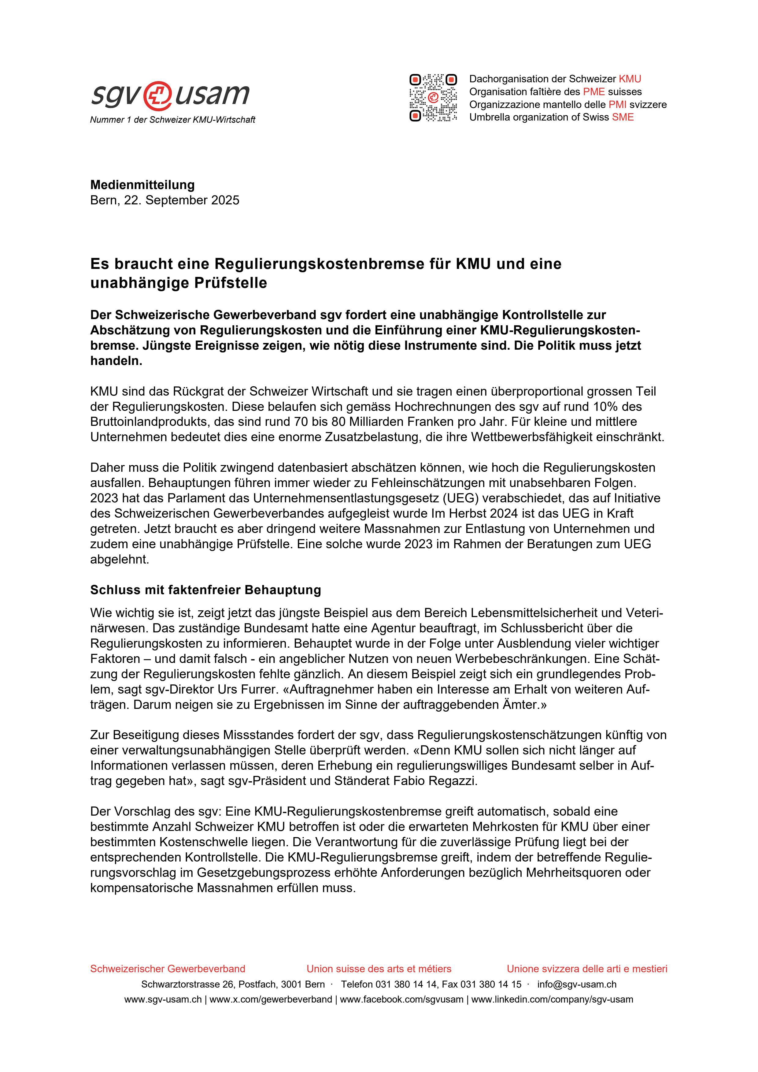 Es braucht eine Regulierungskostenbremse für KMU und eine unabhängige Prüfstelle