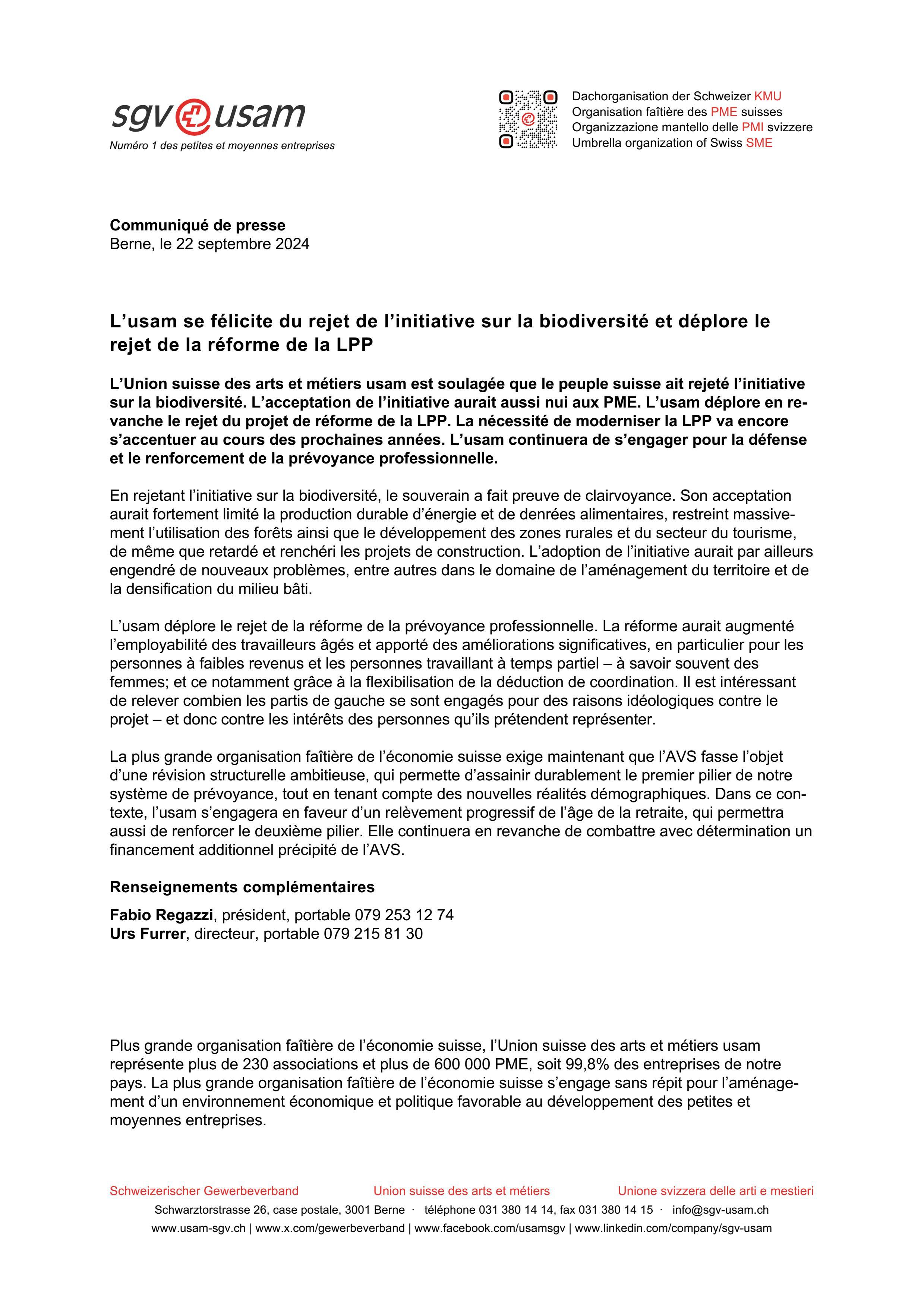 L’usam se félicite du rejet de l’initiative sur la biodiversité et déplore le rejet de la réforme de la LPP