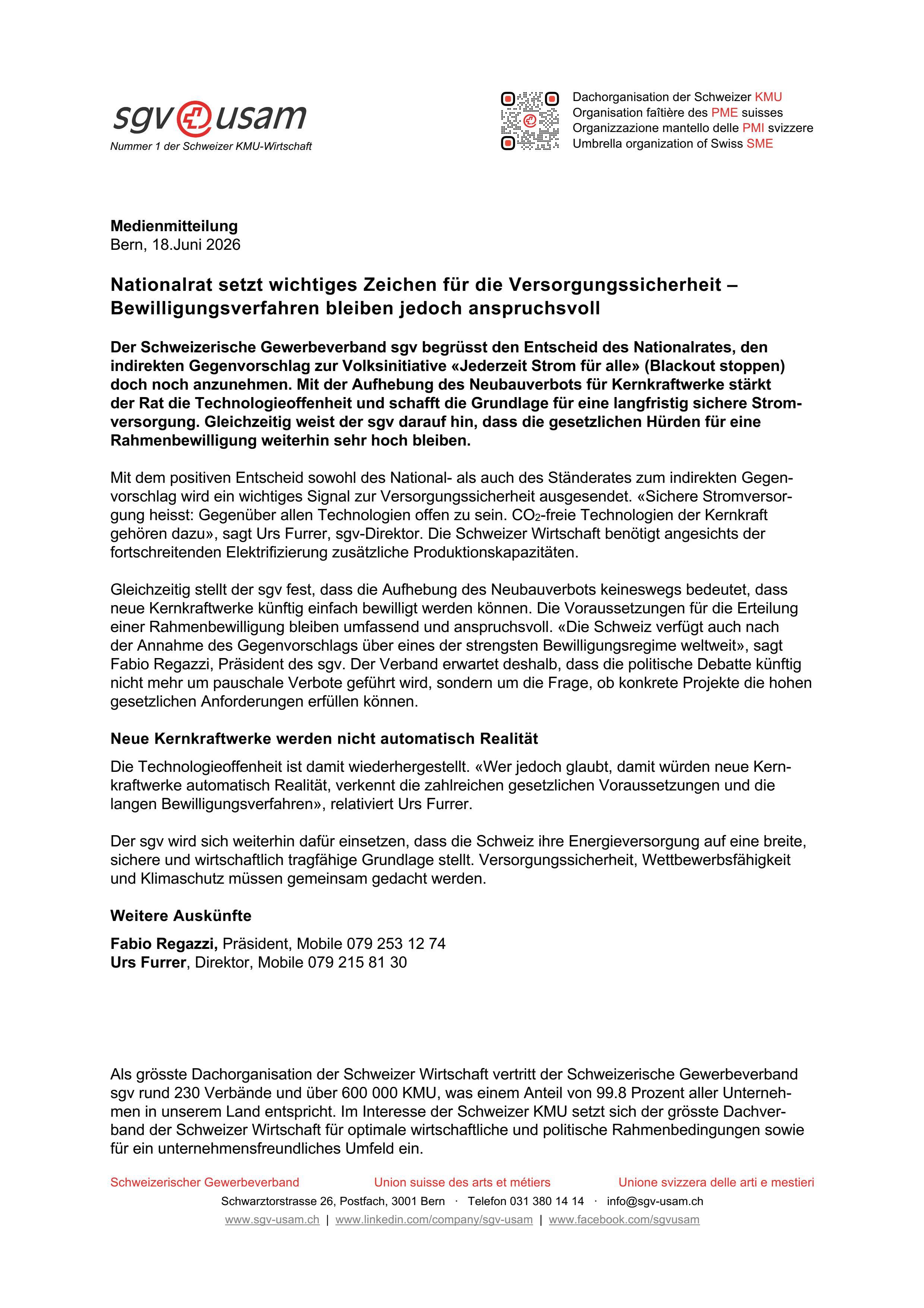 Nationalrat setzt wichtiges Zeichen für die Versorgungssicherheit – Bewilligungsverfahren bleiben jedoch anspruchsvoll