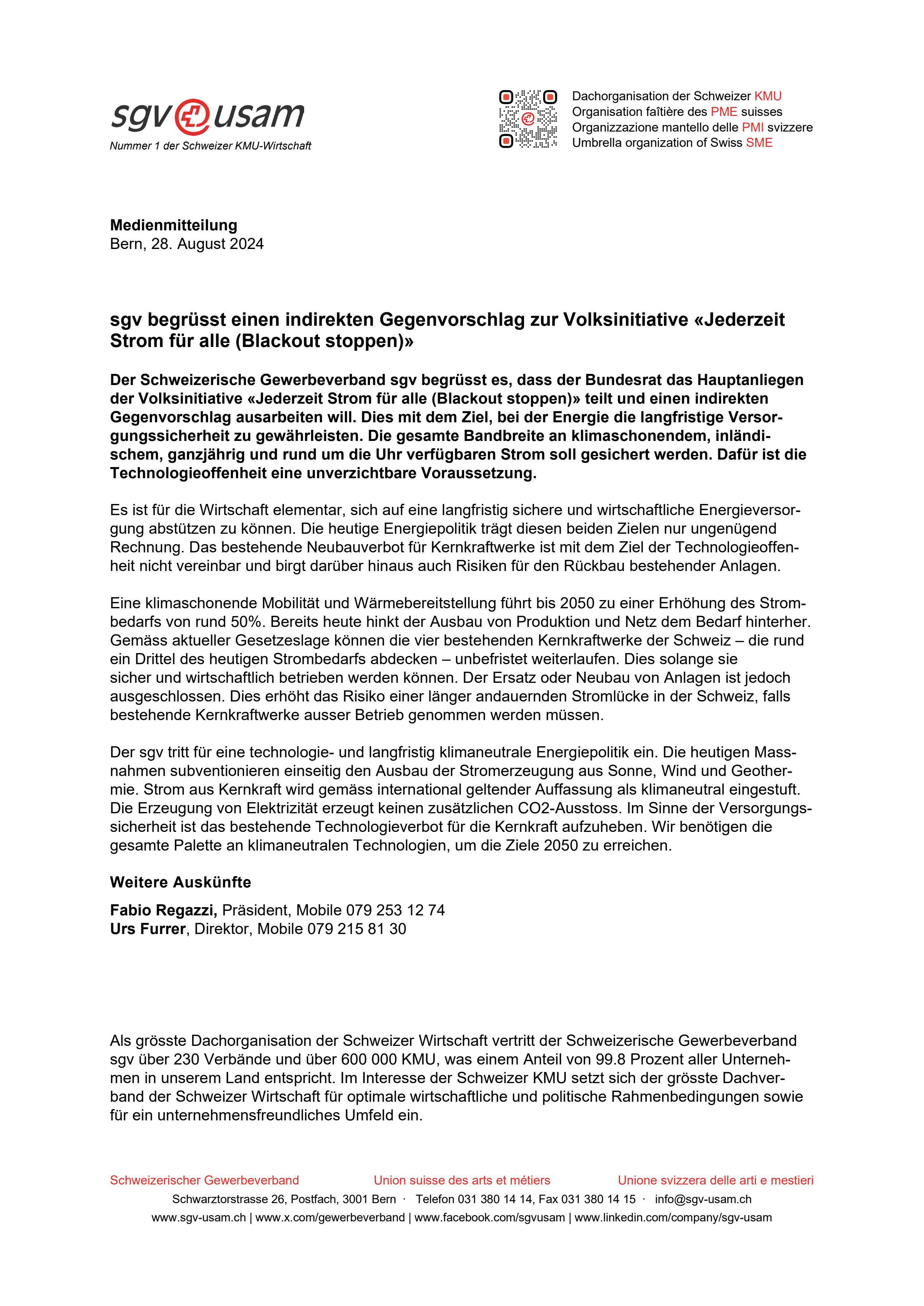 sgv begrüsst einen indirekten Gegenvorschlag zur Volksinitiative «Jederzeit Strom für alle (Blackout stoppen)»
