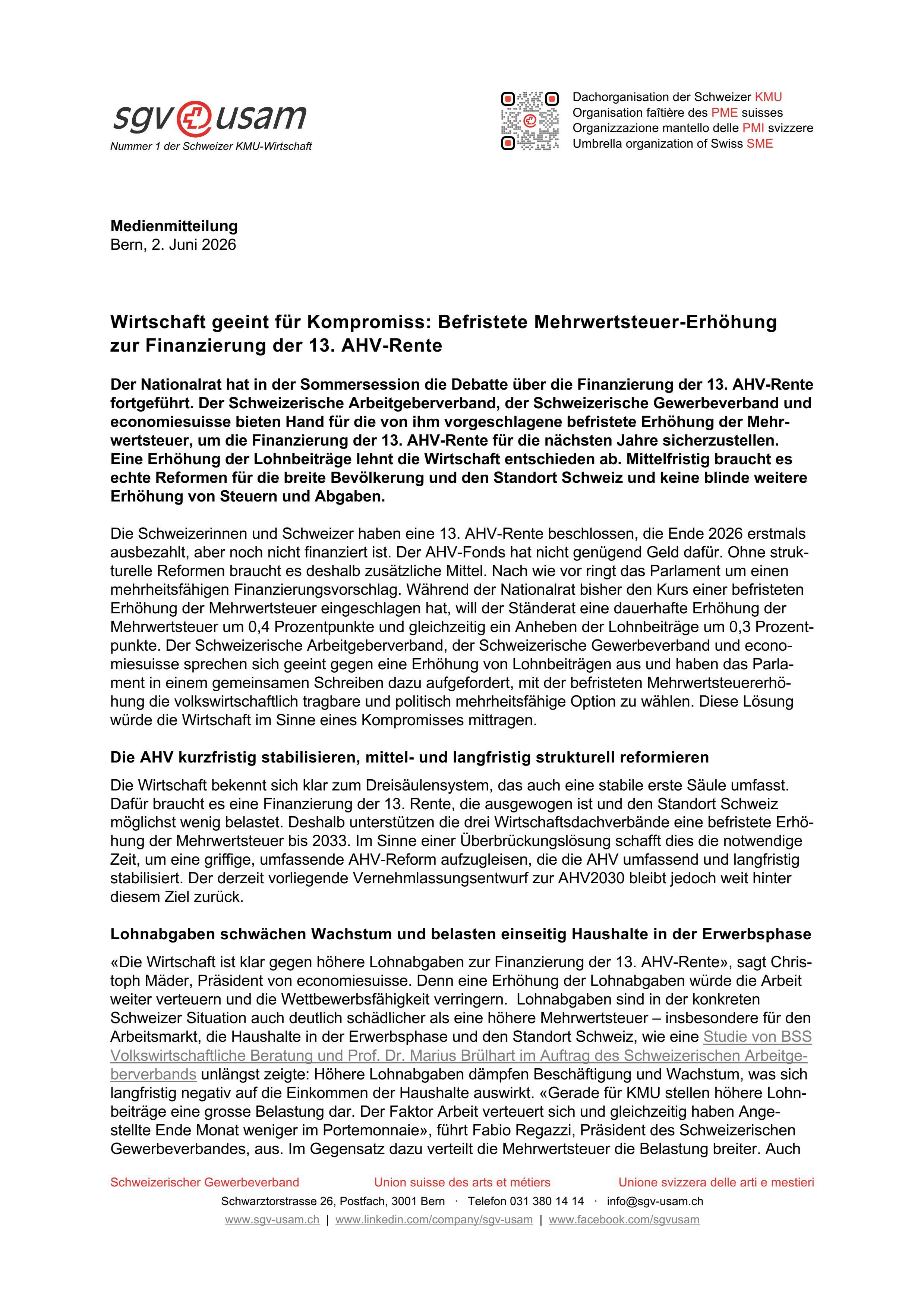 Wirtschaft geeint für Kompromiss: Befristete Mehrwertsteuer-Erhöhung zur Finanzierung der 13. AHV-Rente