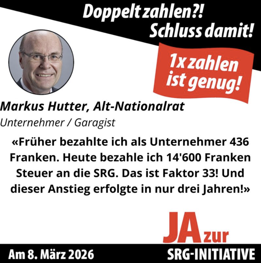Klare Worte vom e. Nationalrat und Garagisten Markus Hutter: «Früher bezahlte ich als Unternehmer 436 Franken Steuern an die SRG. Heute bezahle ich 14'600.- Mediensteuern. Das ist Faktor 33!! Und dies in nur drei Jahren.»