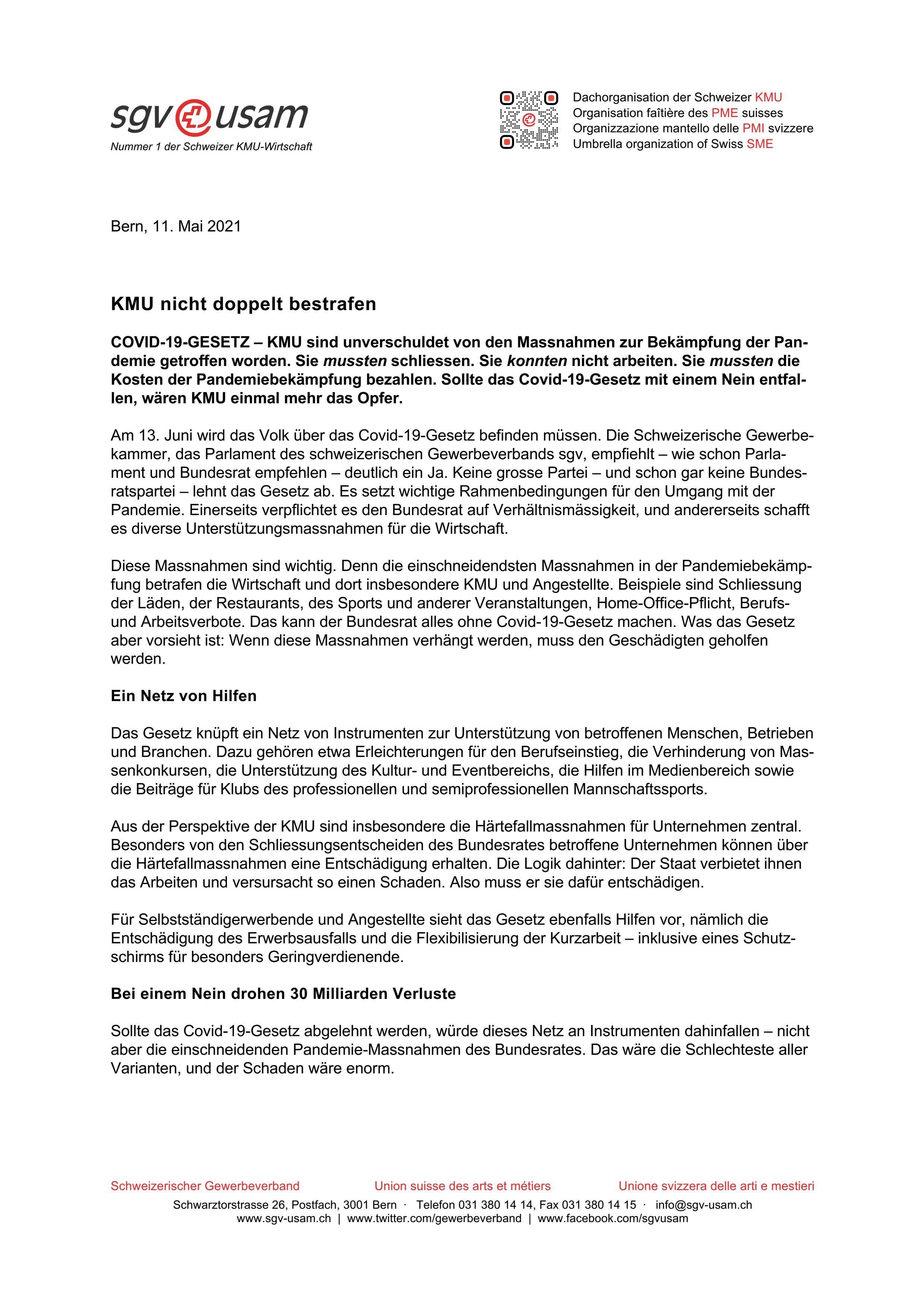  Covid-19-Gesetz: Fachartikel «KMU nicht doppelt bestrafen»