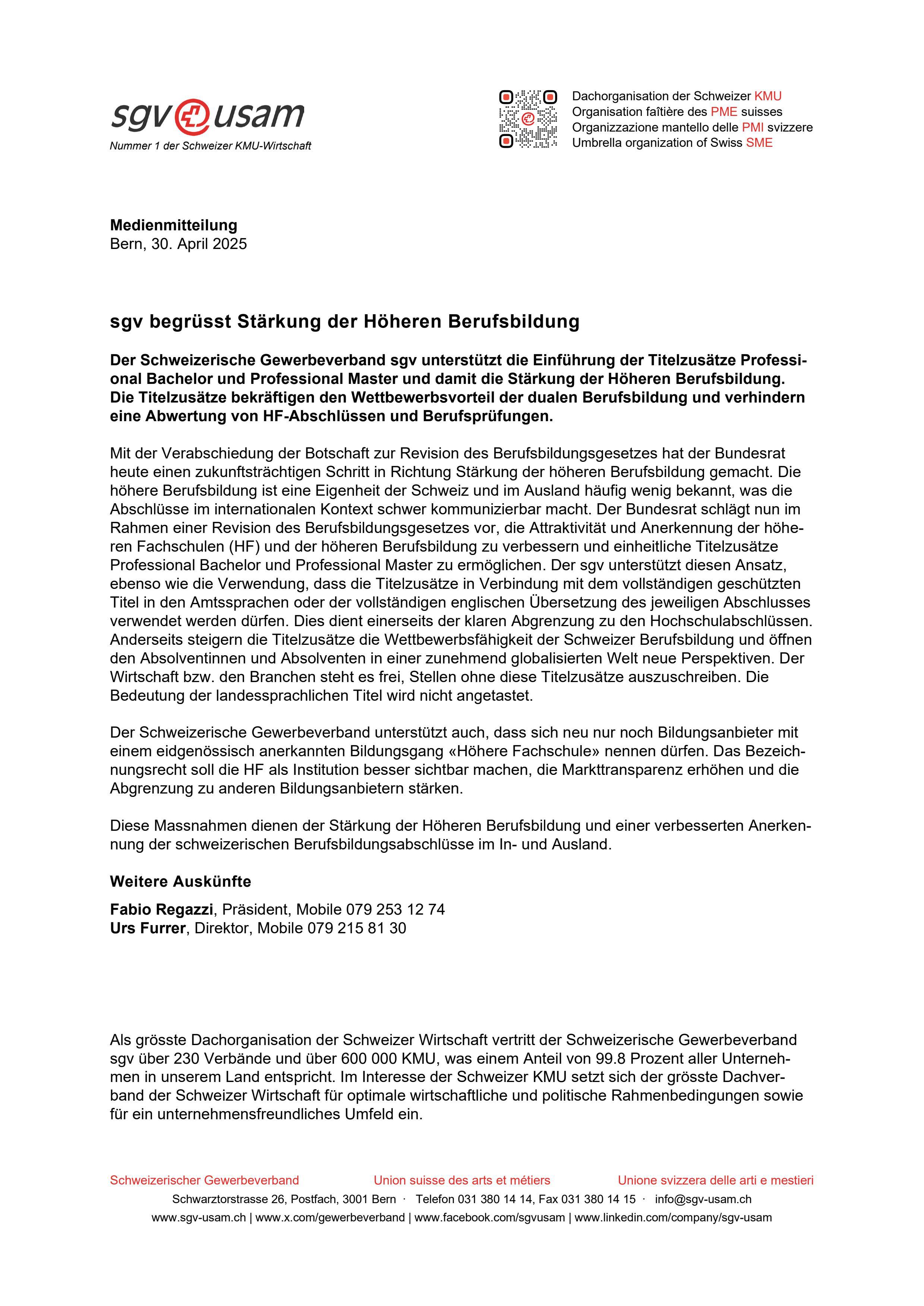 sgv begrüsst Stärkung der Höheren Berufsbildung