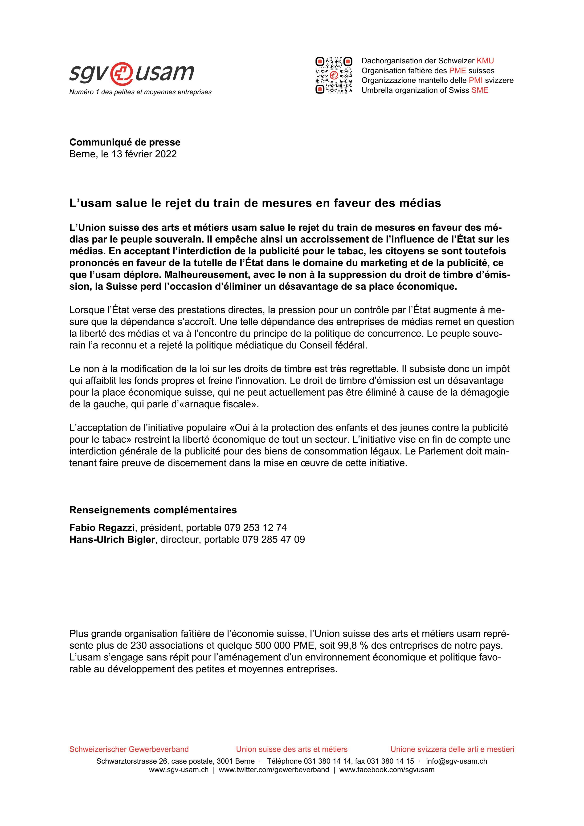 L’usam salue le rejet du train de mesures en faveur des médias