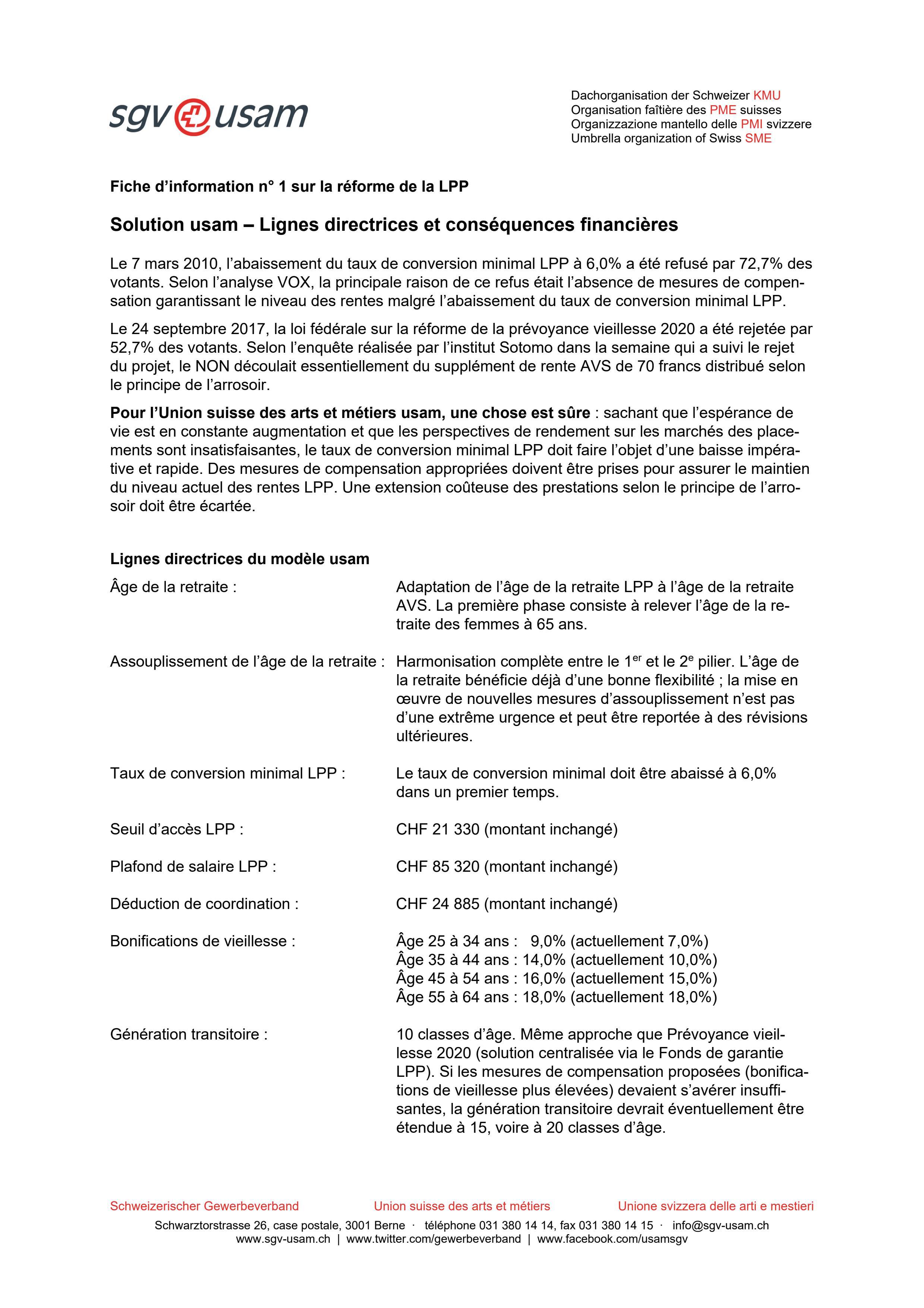  Fiche d’information n°1 sur la réforme de la LPP: Solution usam – Lignes directrices et conséquences financières 9 janvier 2020