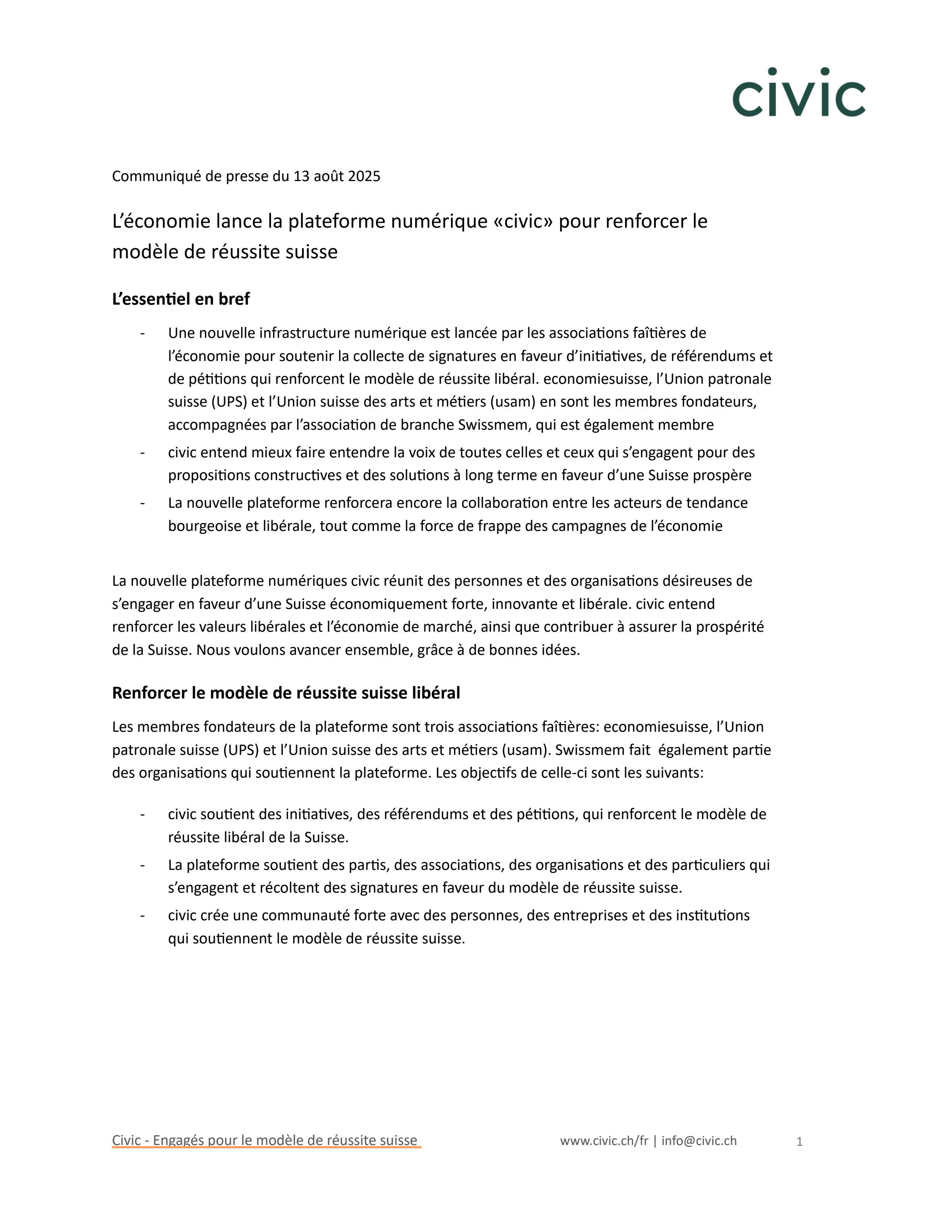 L’économie lance la plateforme numérique «civic» pour renforcer le modèle de réussite suisse