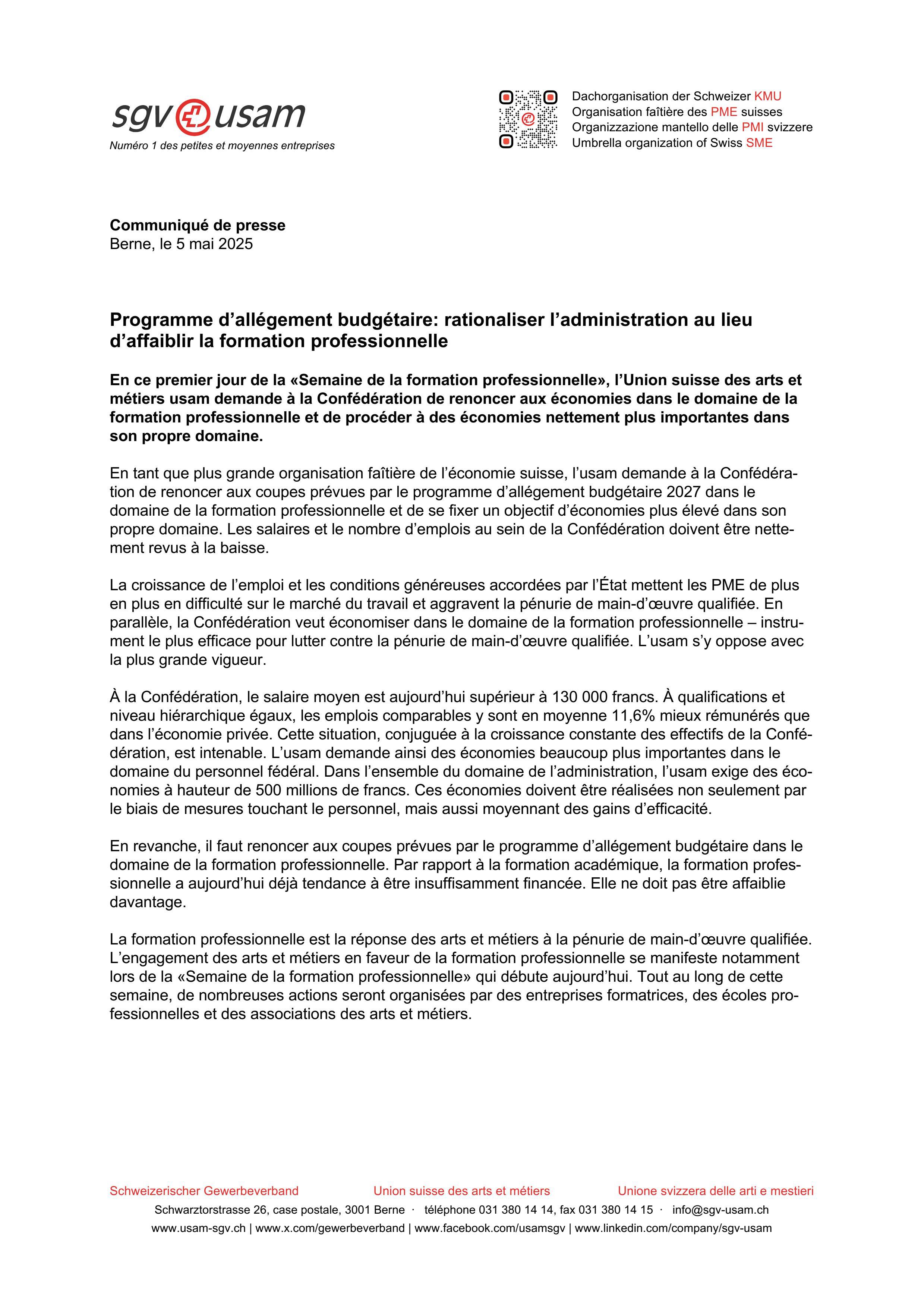 Programme d’allégement budgétaire: rationaliser l’administration au lieu d’affaiblir la formation professionnelle