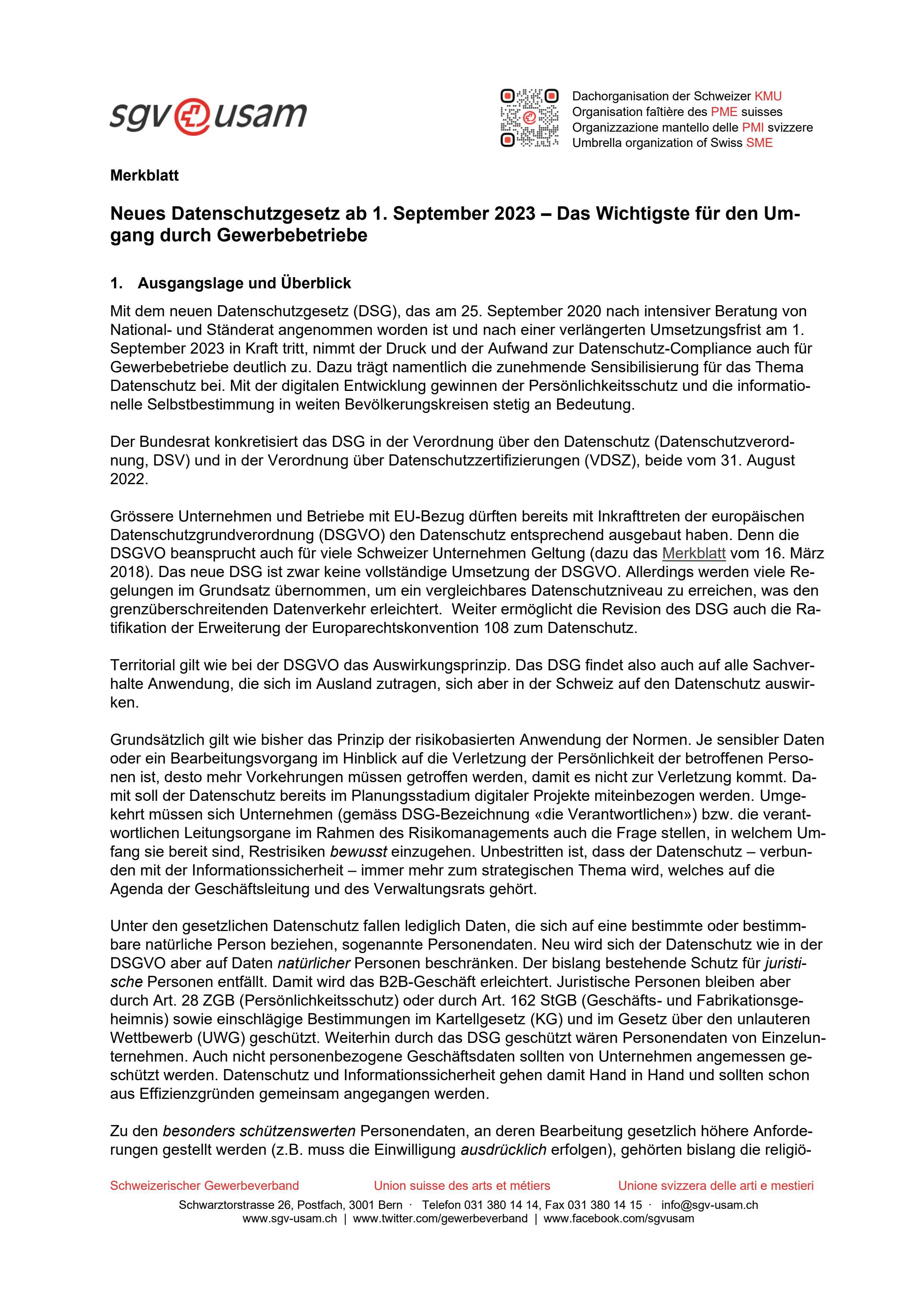  Merkblatt «Neues Datenschutzgesetz ab 1. September 2023 – Das Wichtigste für den Umgang durch Gewerbebetriebe»