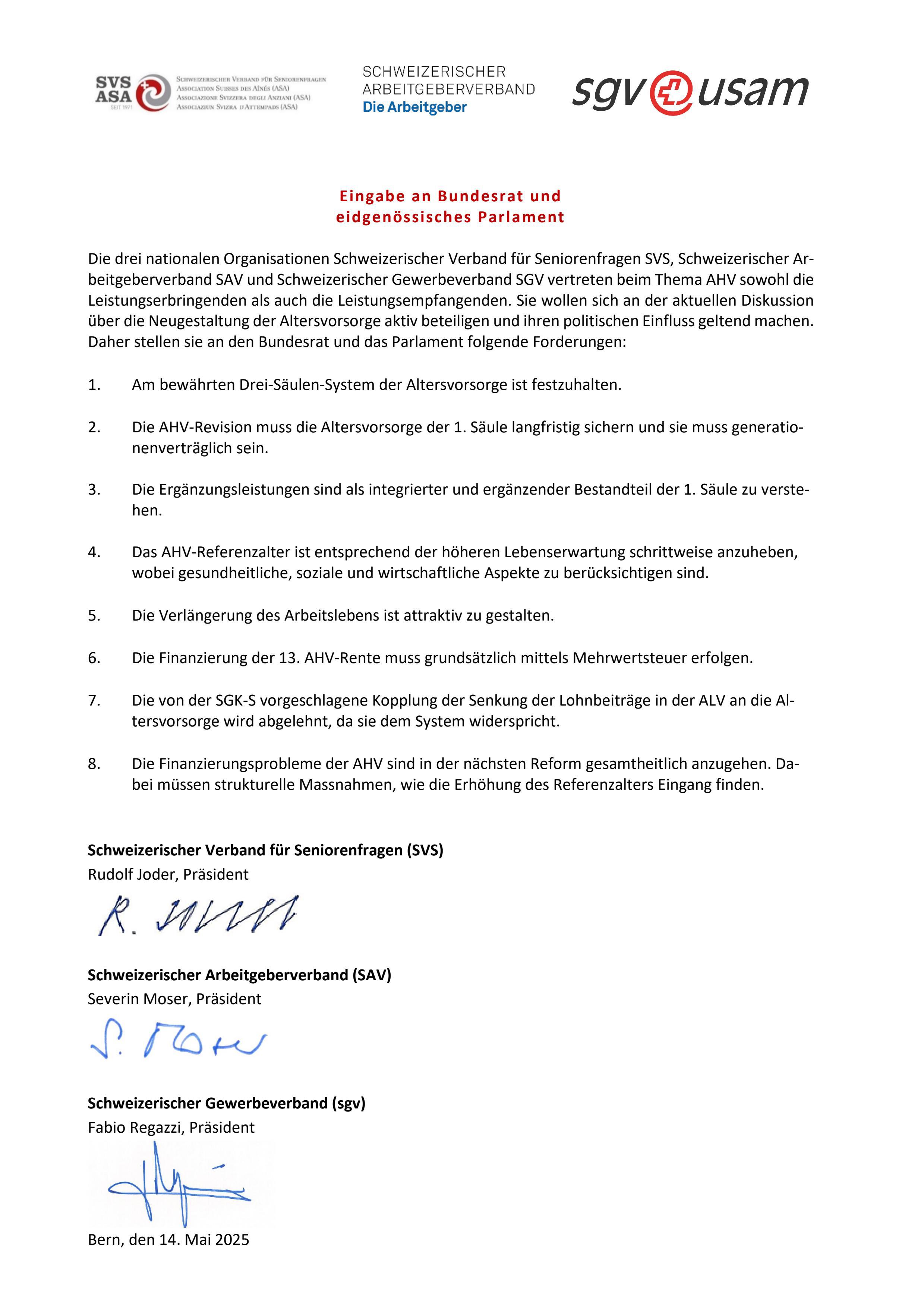 Acht Forderungen für eine zukunftsfähige AHV - Eingabe Forderungen an Bundesrat und eidgenössisches Parlament