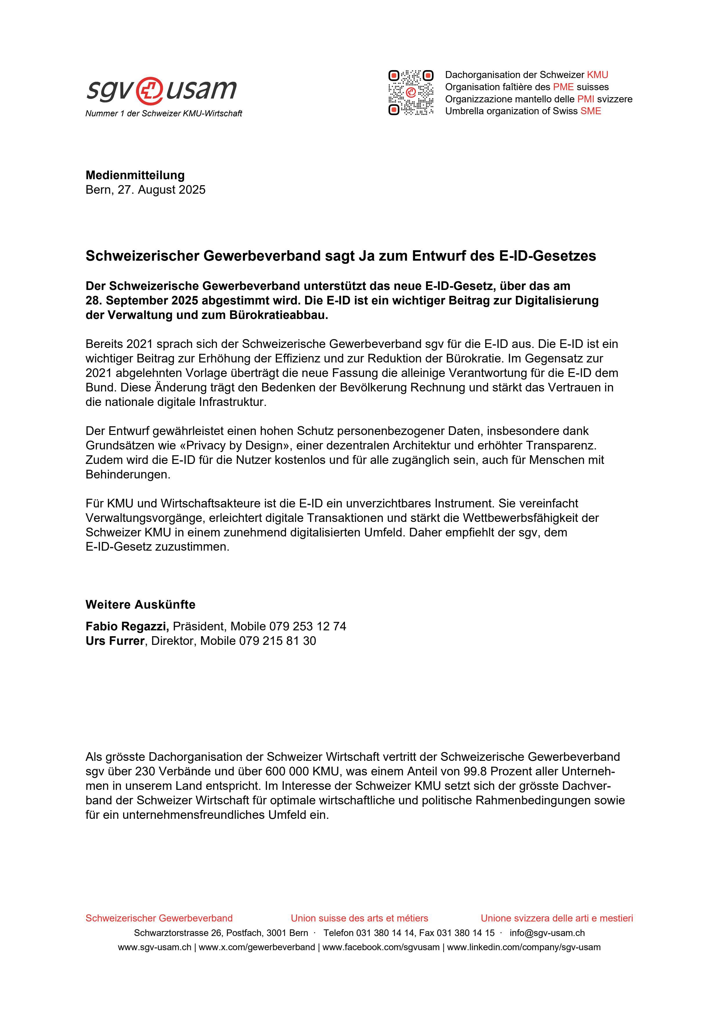 Schweizerischer Gewerbeverband sagt Ja zum Entwurf des E-ID-Gesetzes