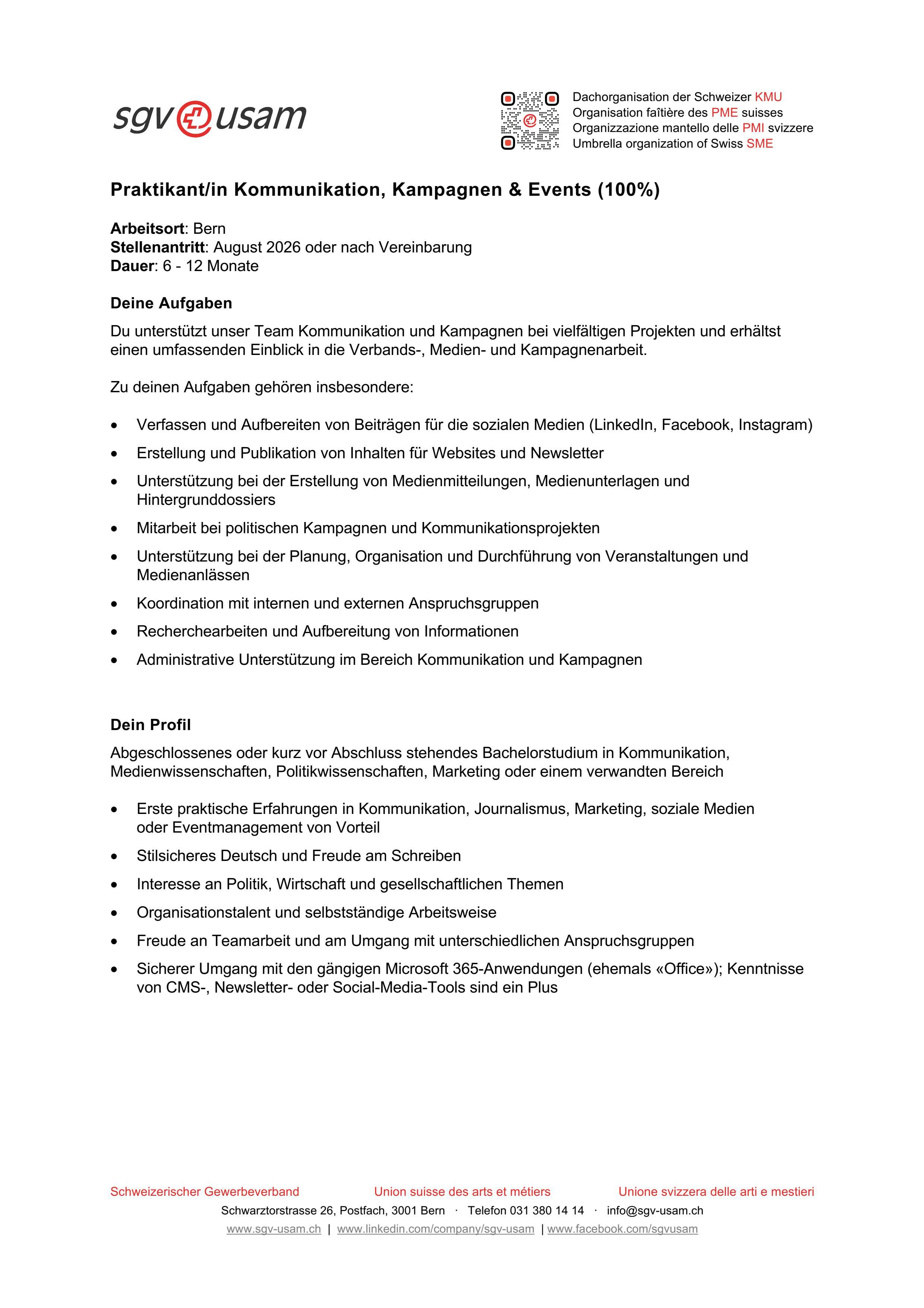 Stelleninserat Praktikum Kommunikation, Kampagnen und Events (100%)