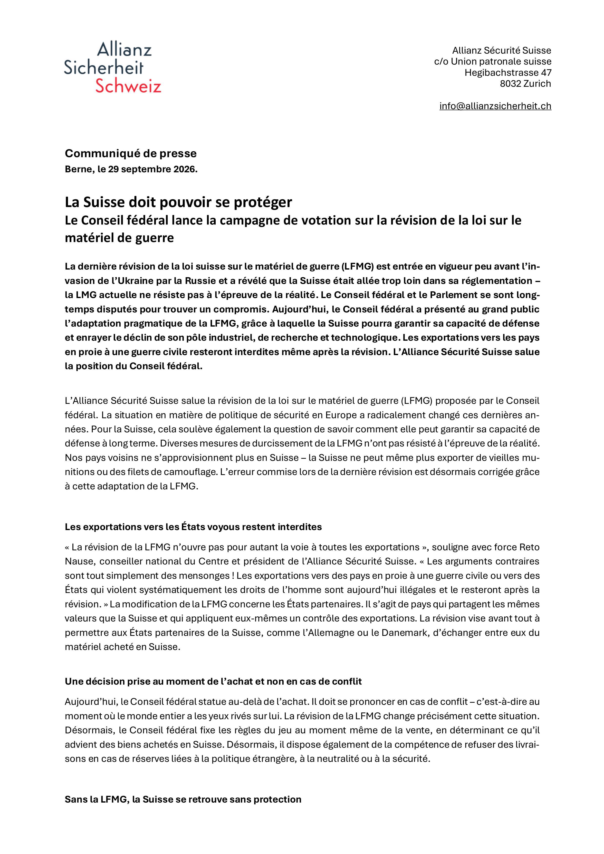 La Suisse doit pouvoir se protéger - Le Conseil fédéral lance la campagne de votation sur la révision de la loi sur le matériel de guerre
