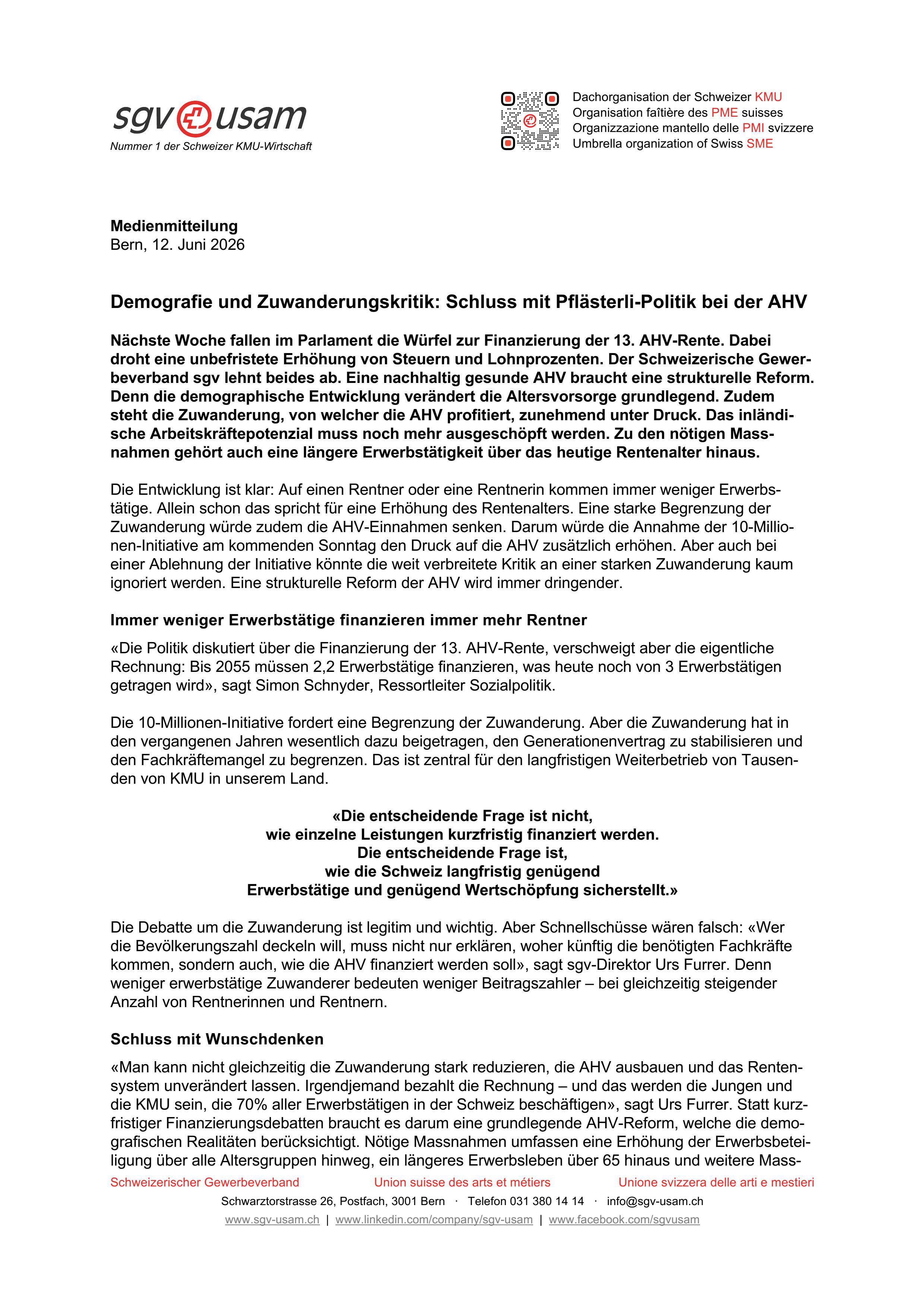 Demografie und Zuwanderungskritik: Schluss mit Pflästerli-Politik bei der AHV