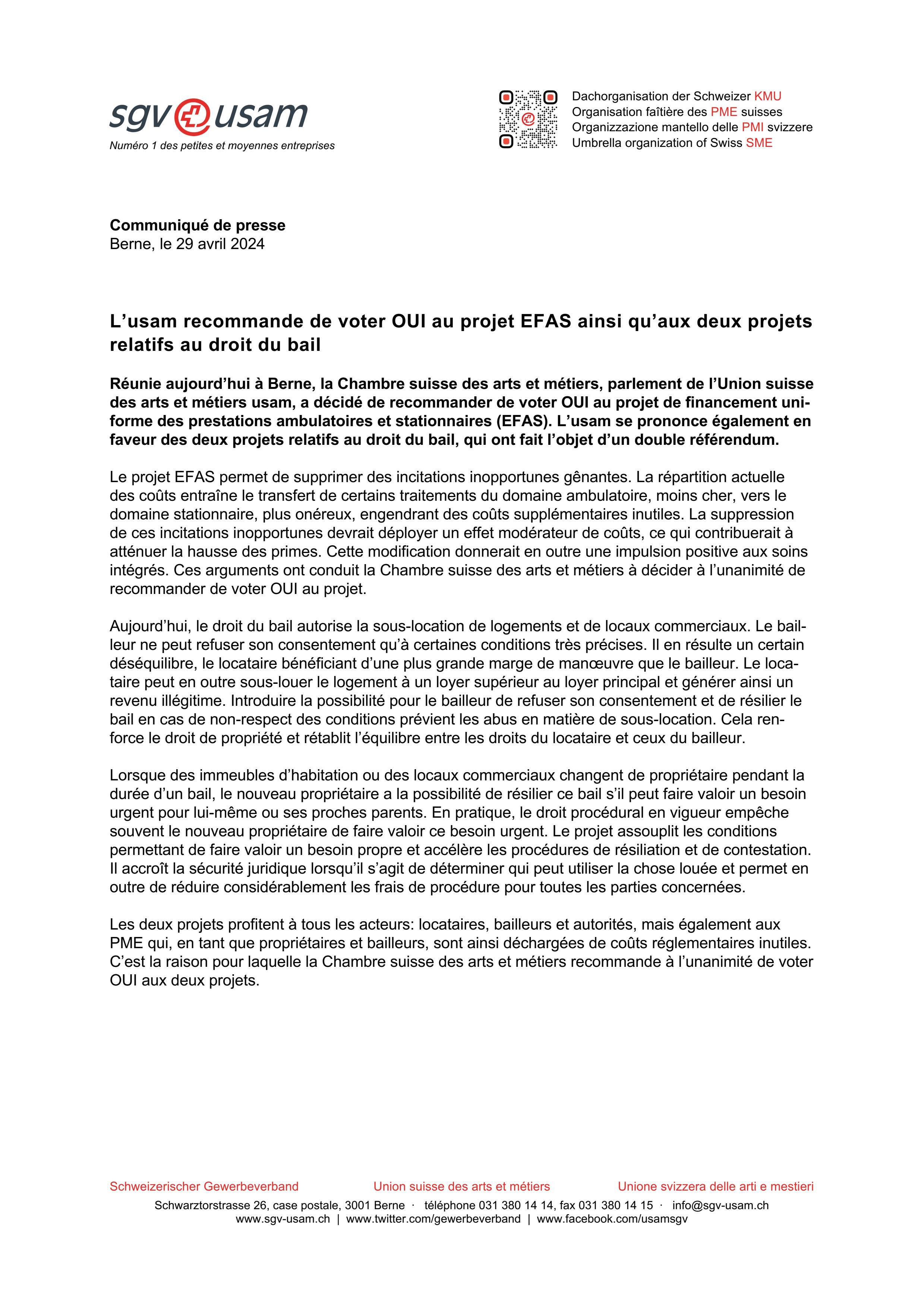L’usam recommande de voter OUI au projet EFAS ainsi qu’aux deux projets relatifs au droit du bail