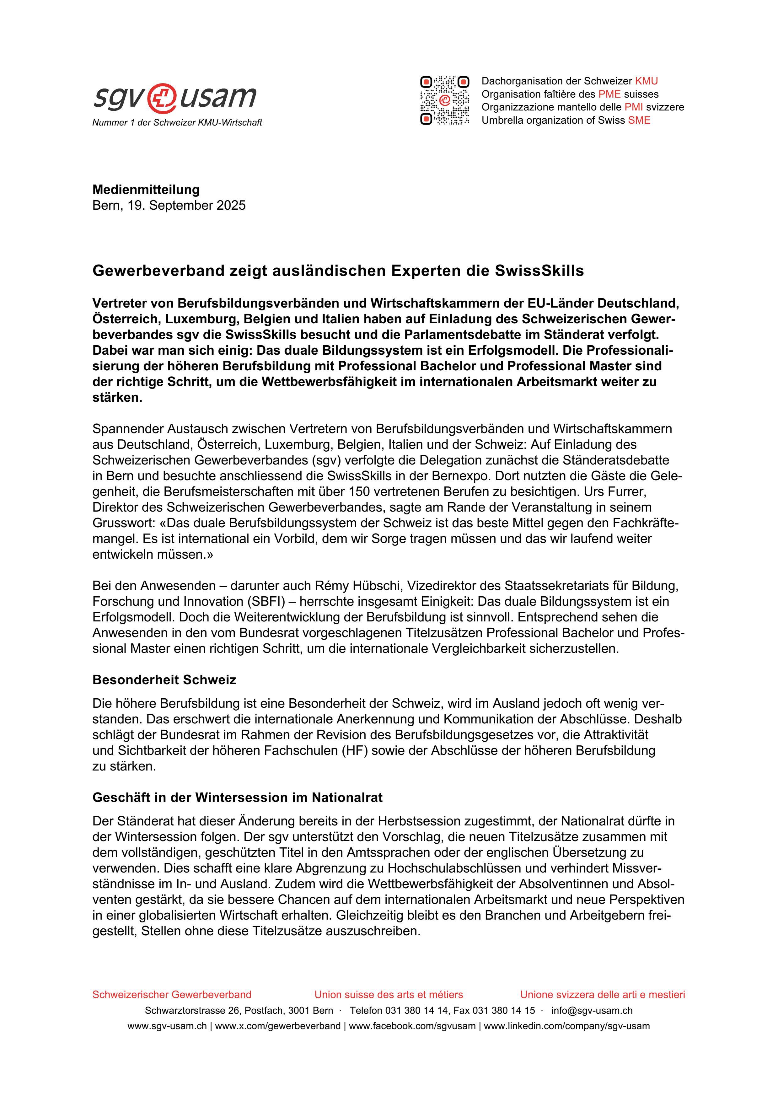 Gewerbeverband zeigt ausländischen Experten die SwissSkills