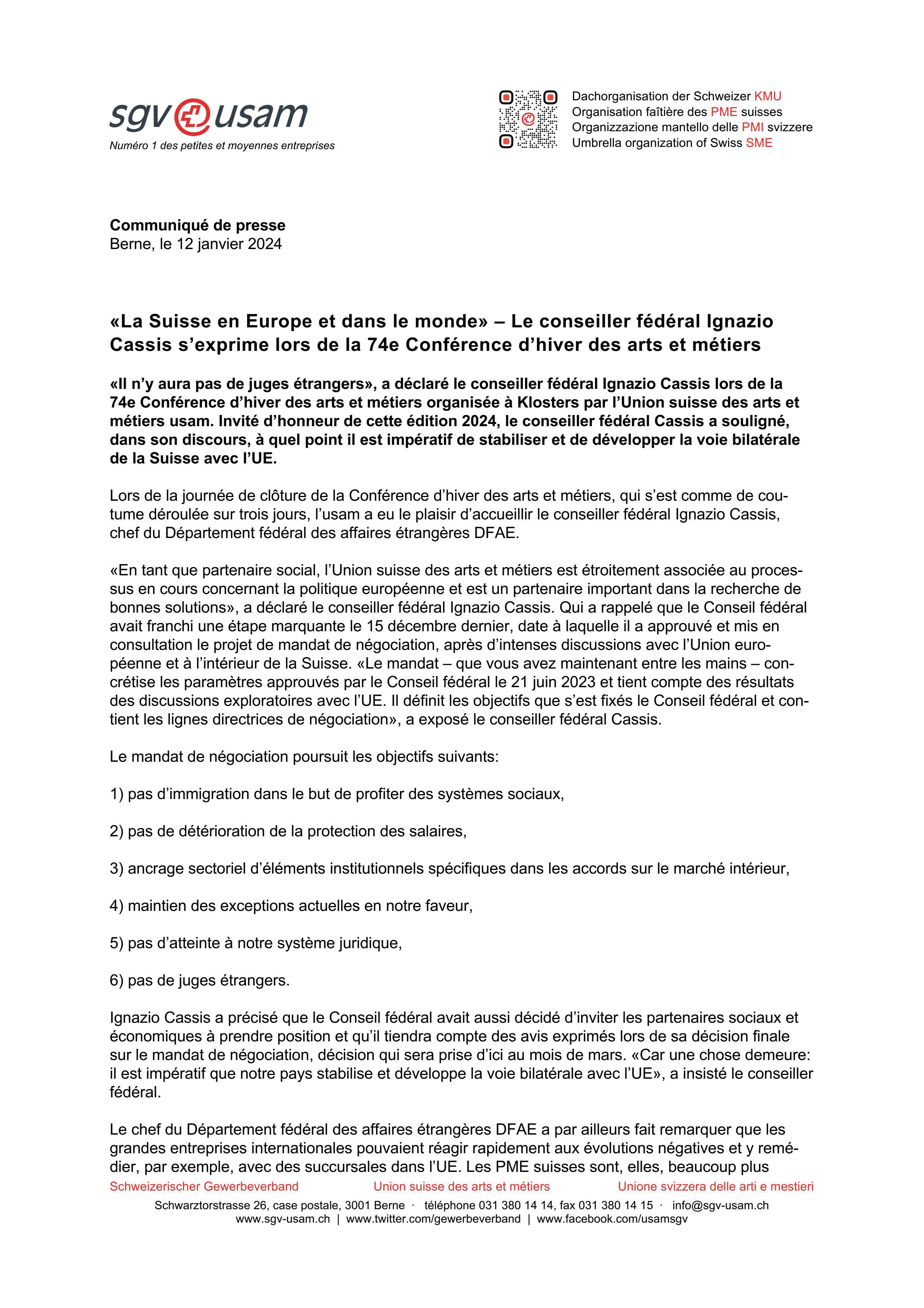 «La Suisse en Europe et dans le monde» – Le conseiller fédéral Ignazio Cassis s’exprime lors de la 74e Conférence d’hiver des arts et métiers