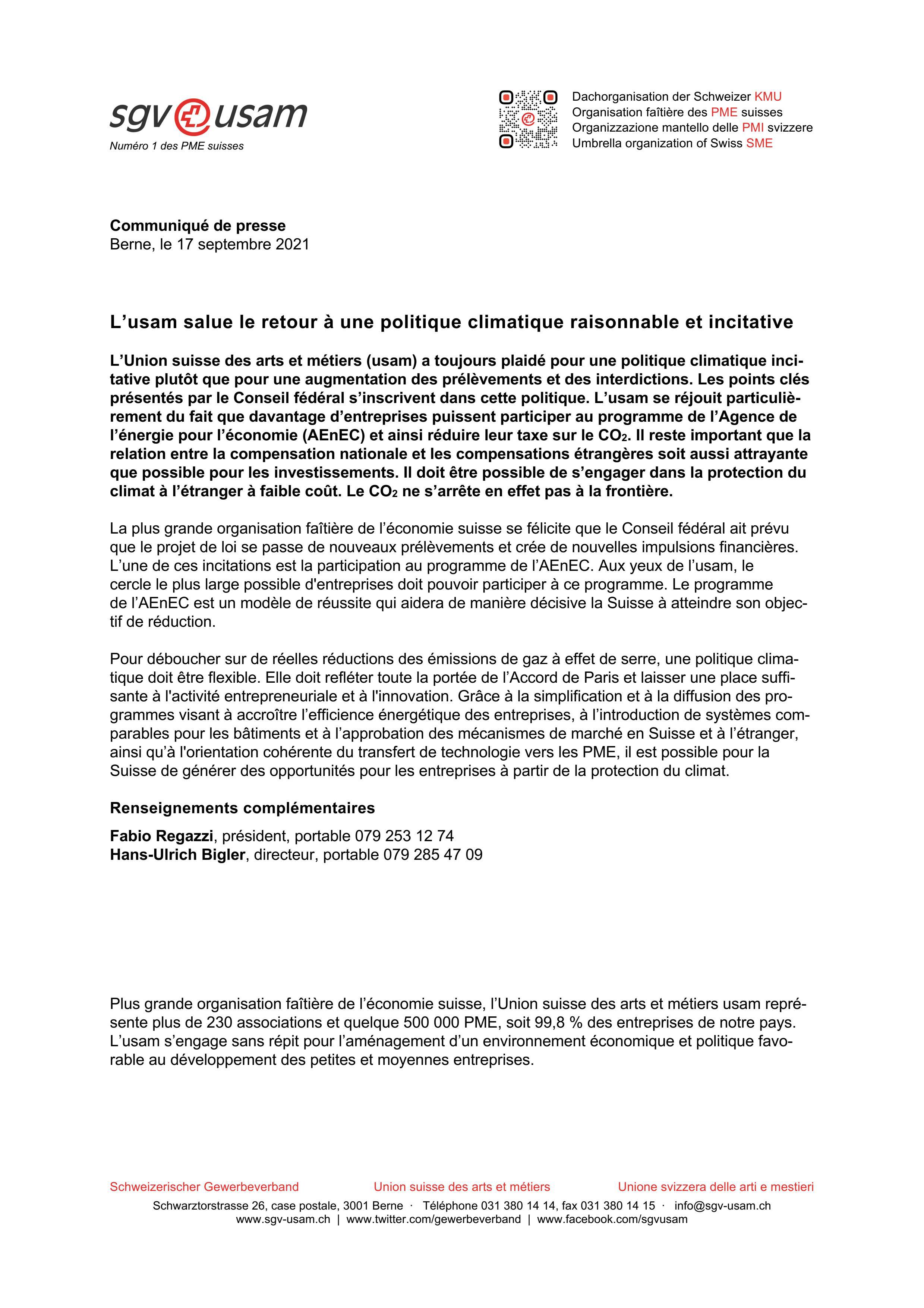 L’usam salue le retour à une politique climatique raisonnable et incitative