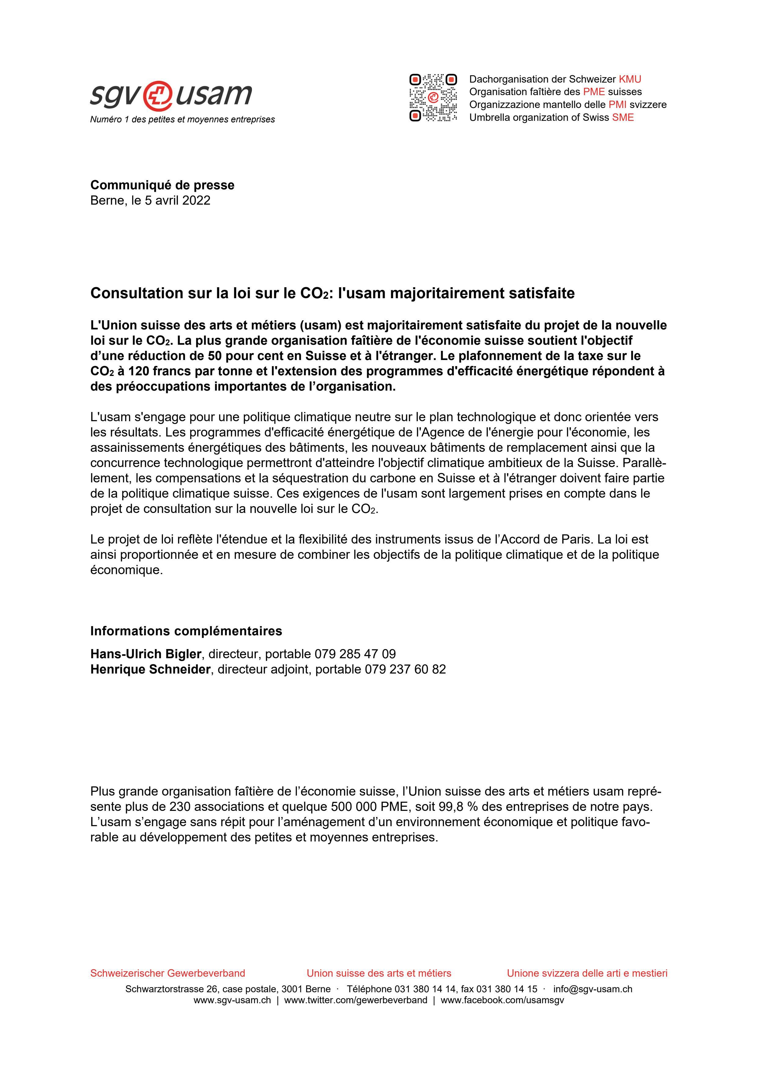 Consultation sur la loi sur le CO2: l'usam majoritairement satisfaite