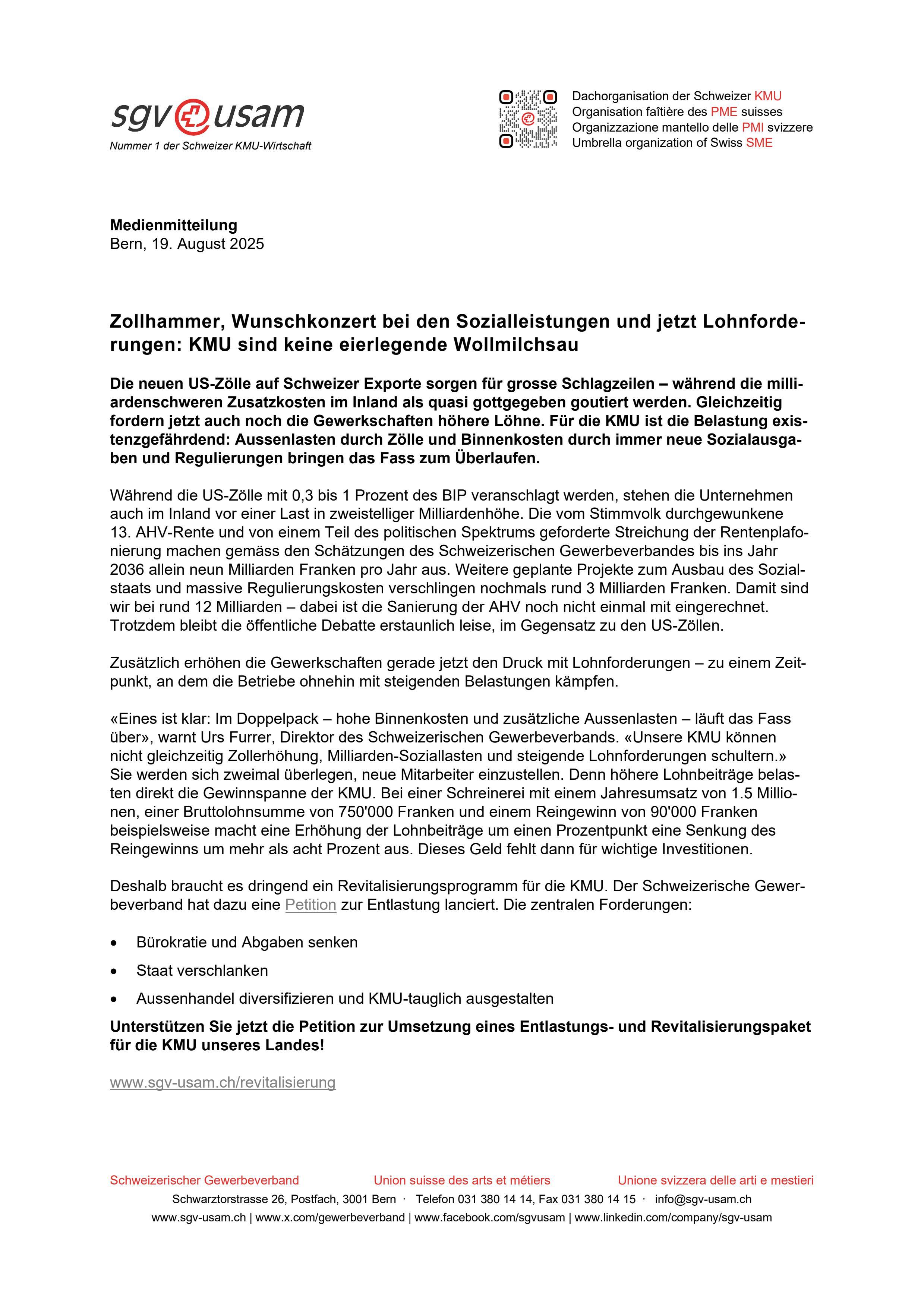 Zollhammer, Wunschkonzert bei den Sozialleistungen und jetzt Lohnforderungen: KMU sind keine eierlegende Wollmilchsau