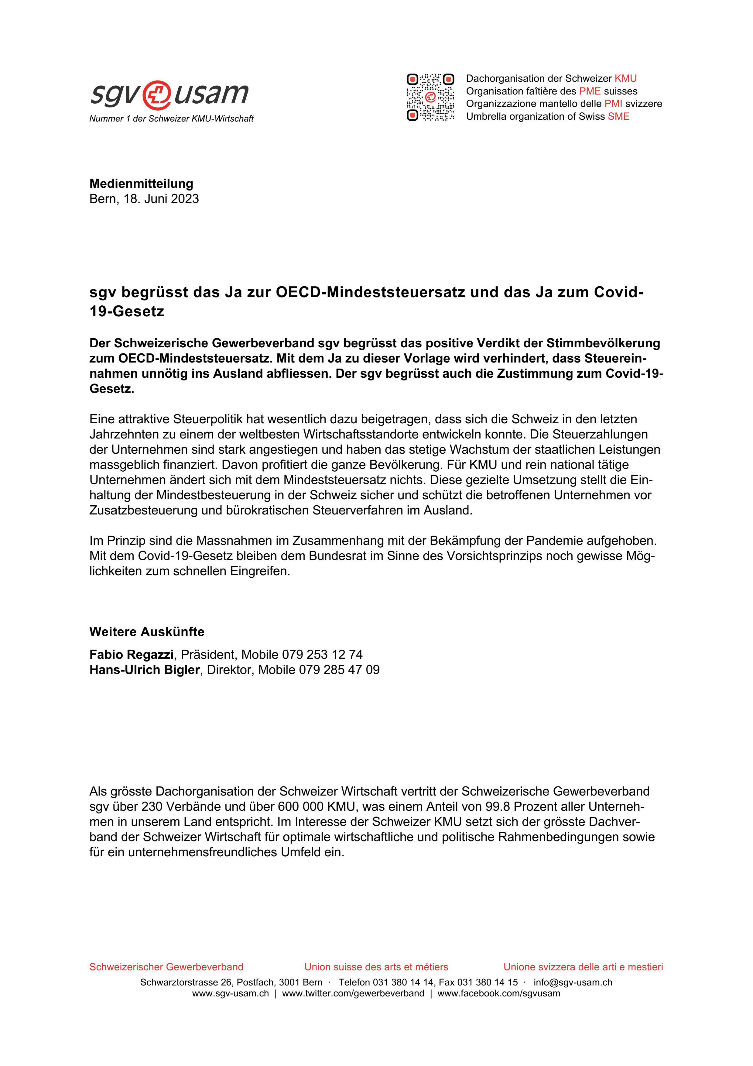 sgv begrüsst das Ja zur OECD-Mindeststeuersatz und das Ja zum Covid-19-Gesetz