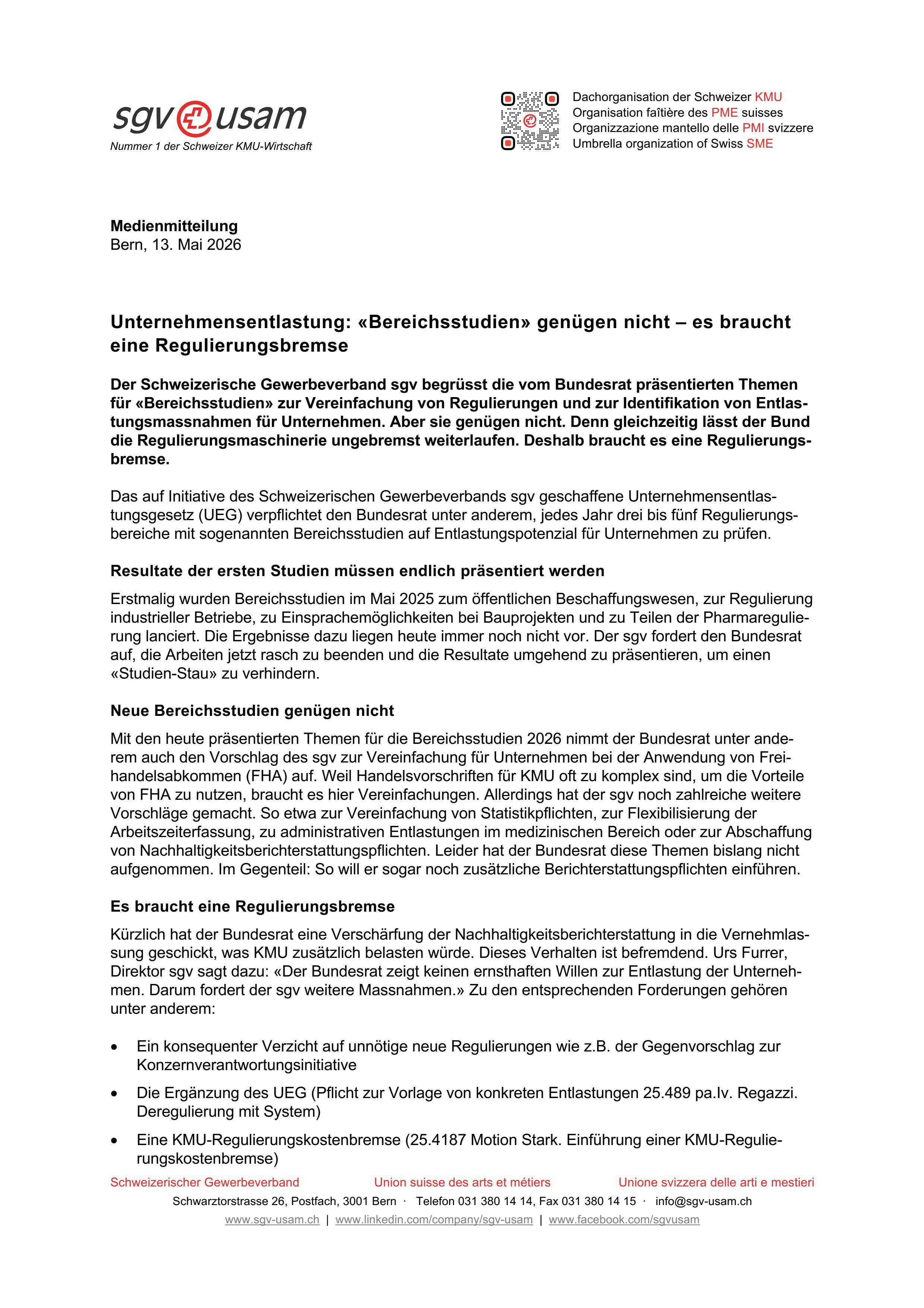 Unternehmensentlastung: «Bereichsstudien» genügen nicht – es braucht eine Regulierungsbremse