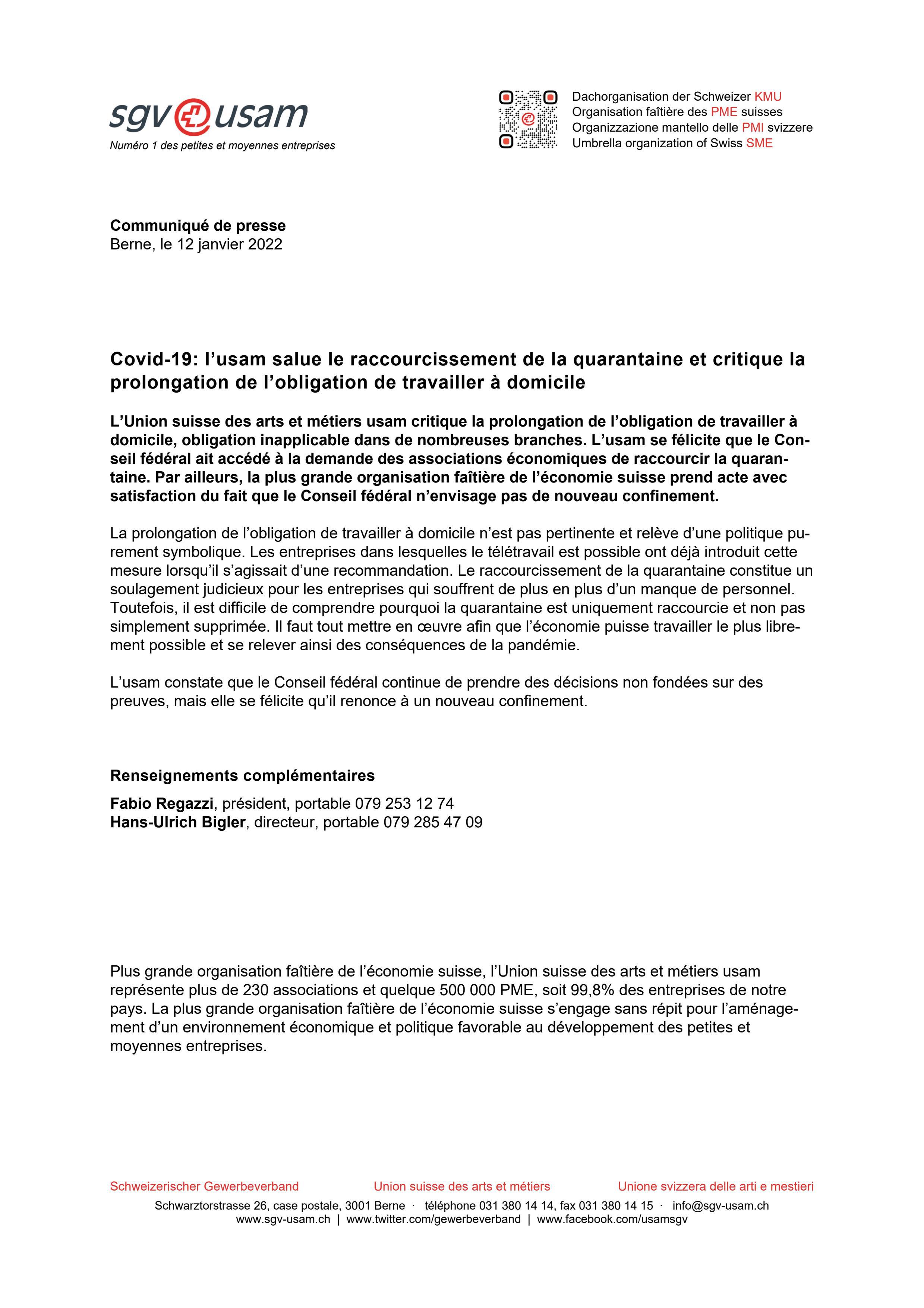 Covid-19: l’usam salue le raccourcissement de la quarantaine et critique la prolongation de l’obligation de travailler à domicile