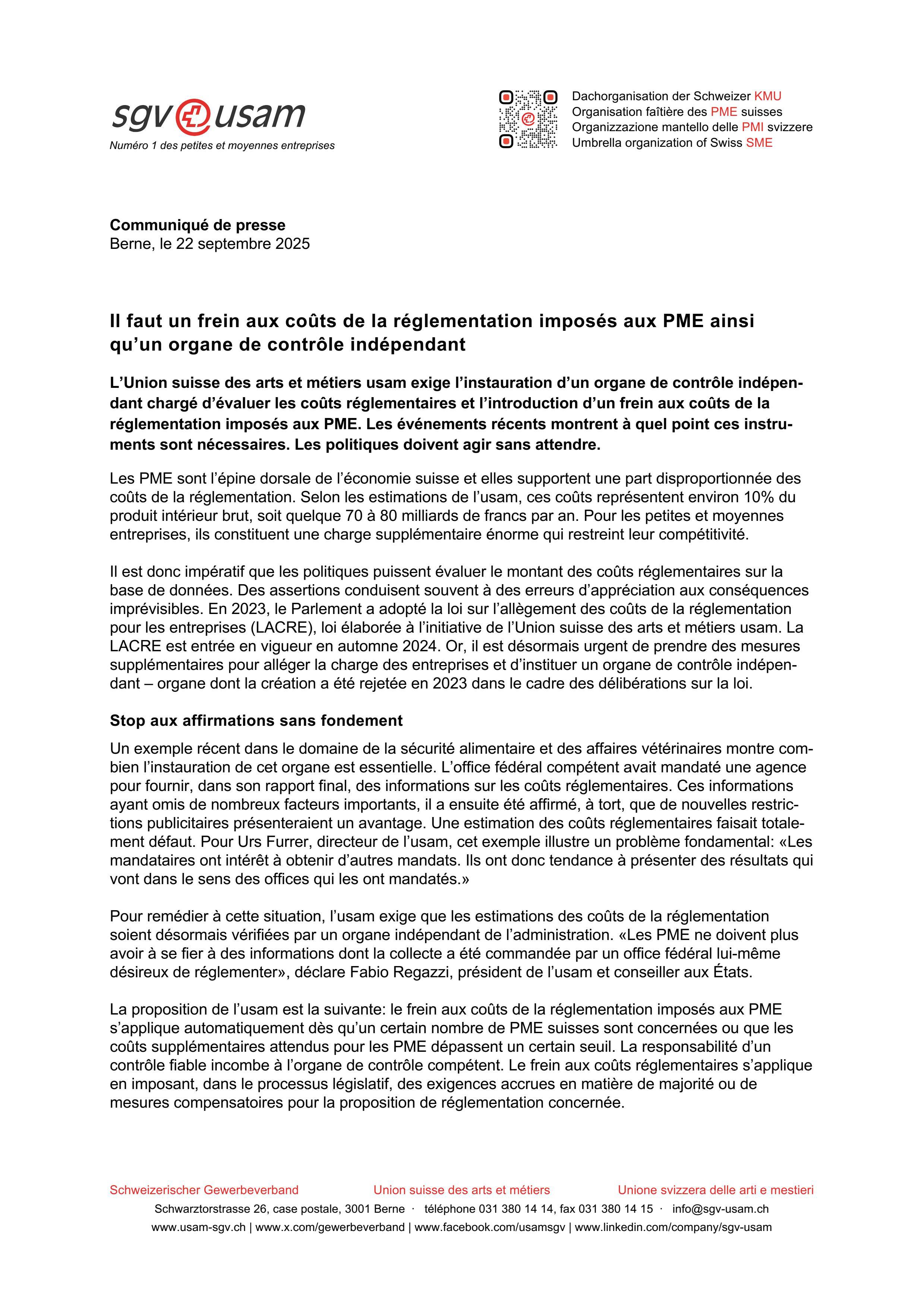 Il faut un frein aux coûts de la réglementation imposés aux PME ainsi qu’un organe de contrôle indépendant